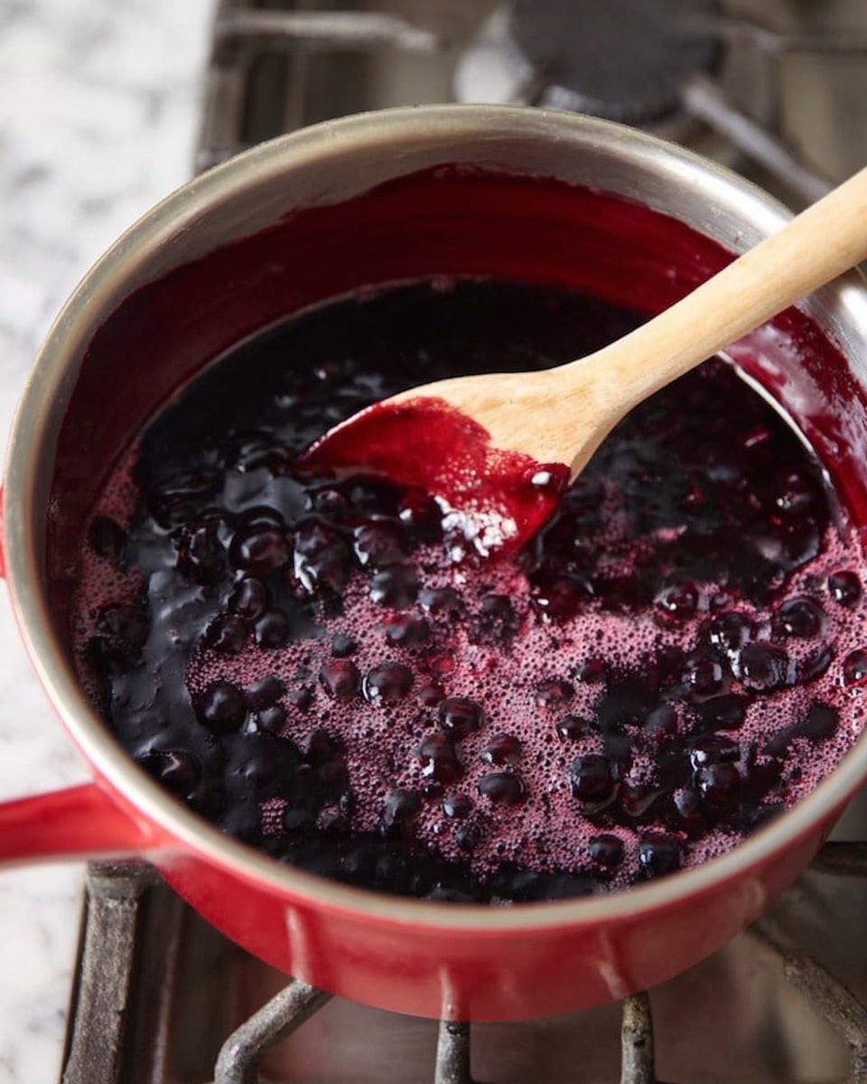 A close-up of a red pot sitting on a stove with bubbling dark purple sauce inside. The sauce has a thick, shiny texture with small round pieces visible throughout. A wooden spoon is resting inside the pot, partially covered with the sauce, showing the rich, deep color and glossy surface. The stove’s metal grates and burner are visible under the pot, all set against a white marbled surface background. photo taken with an iphone --ar 4:5 --v 7