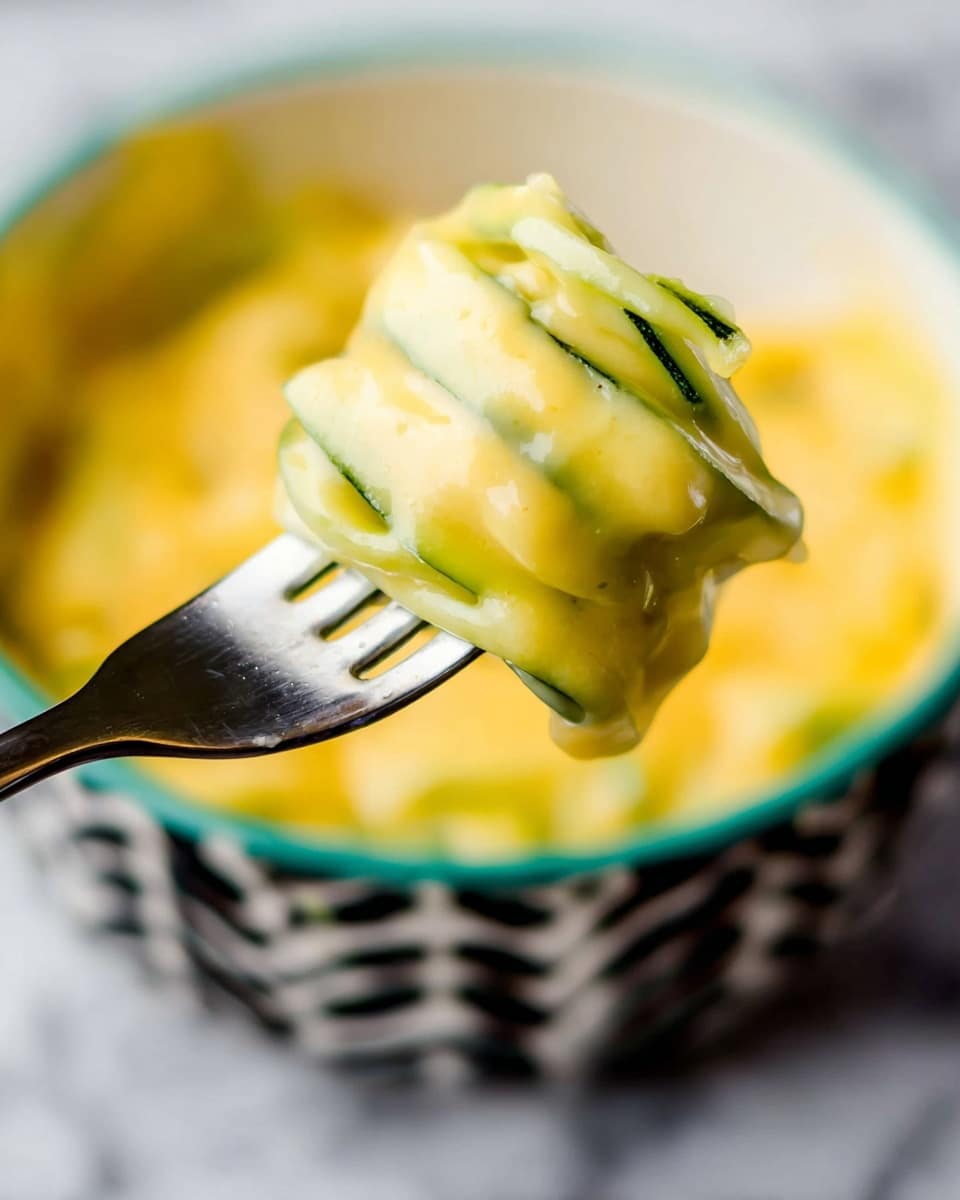 A close-up view of a fork holding a small bundle of thin, light green zucchini slices wrapped tightly in a smooth, creamy yellow cheese or sauce. The background shows a white bowl with a black pattern on the inside edge, filled with the same cheesy sauce and zucchini mixture. The colors focus on the soft yellow of the sauce and the light green of the zucchini, against a blurred white marbled surface. Photo taken with an iphone --ar 4:5 --v 7