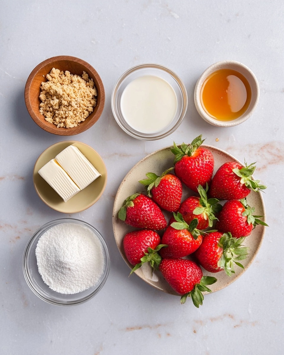 A top view of several small bowls and a plate arranged on a white marbled surface. The plate on the right holds a group of bright red strawberries with fresh green leaves still attached, filling the plate evenly. Above the plate is a small white bowl with a light golden honey-like liquid. To the left, a beige bowl contains light brown crushed biscuit crumbs with a rough texture. Below it, a small wooden bowl holds white powdered sugar with a fine texture. Directly below the biscuit crumbs, a clear glass bowl contains a white creamy liquid. On the upper left side, there is a white bowl with a smooth square block of cream cheese. The arrangement is neat with each item spaced apart. photo taken with an iphone --ar 4:5 --v 7