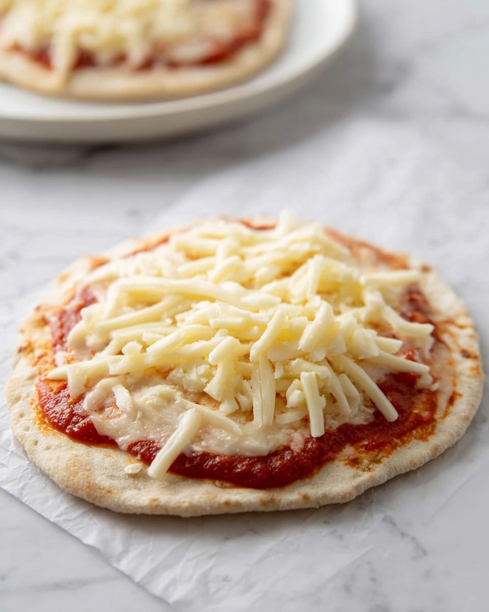 The image shows a small pizza on a white marbled surface. The pizza has three main layers: the bottom layer is a light beige, slightly thick flatbread crust; the middle layer is a smooth, bright red tomato sauce spread evenly on the crust; the top layer is a generous amount of shredded pale yellow cheese piled in the center, with some cheese strands spreading outward. The texture of the cheese looks soft and fresh. In the background, the edge of another similar pizza is visible on a white plate. Photo taken with an iphone --ar 4:5 --v 7