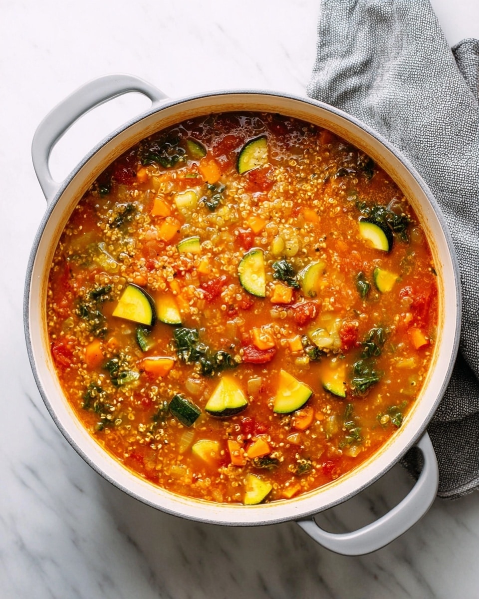 A large pot filled with thick soup, showing one main layer of rich orange-red broth mixed with soft yellow and green vegetable pieces like zucchini slices and leafy greens. There are tiny grain-like textures spread evenly through the soup, along with small red tomato chunks and orange carrot cubes. The pot is white with grey handles, sitting on a white marbled surface, and a folded gray cloth is placed to the right side. The overall look is hearty and colorful with a mix of soft and chunky textures photo taken with an iphone --ar 4:5 --v 7