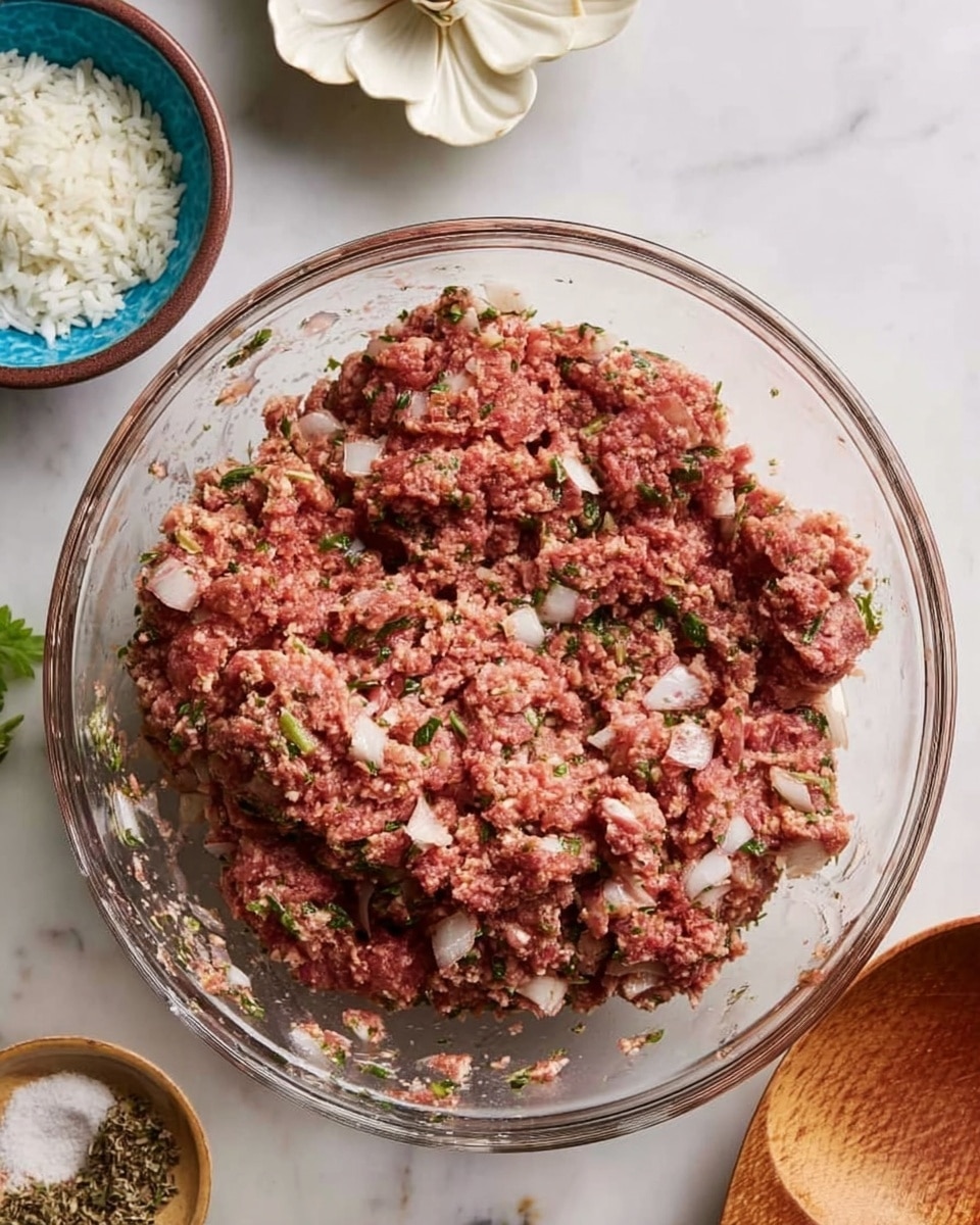 A clear glass bowl sits on a white marbled surface, holding a mixture with three main layers visible: the base layer is a soft pinkish-red ground meat mixed with small chunks of white onion and green herbs, creating a textured look. The second layer, integrated throughout, shows flecks of dark green herbs evenly spread, adding specks of color. The top layer is the meat mixture slightly piled higher in the center, with a rough, uneven surface made of minced meat and diced vegetables. Nearby, a small blue bowl with white rice and a small white flower-shaped bowl with coarse salt are placed, along with a wooden spoon, giving a clean, fresh kitchen preparation scene. Photo taken with an iphone --ar 4:5 --v 7