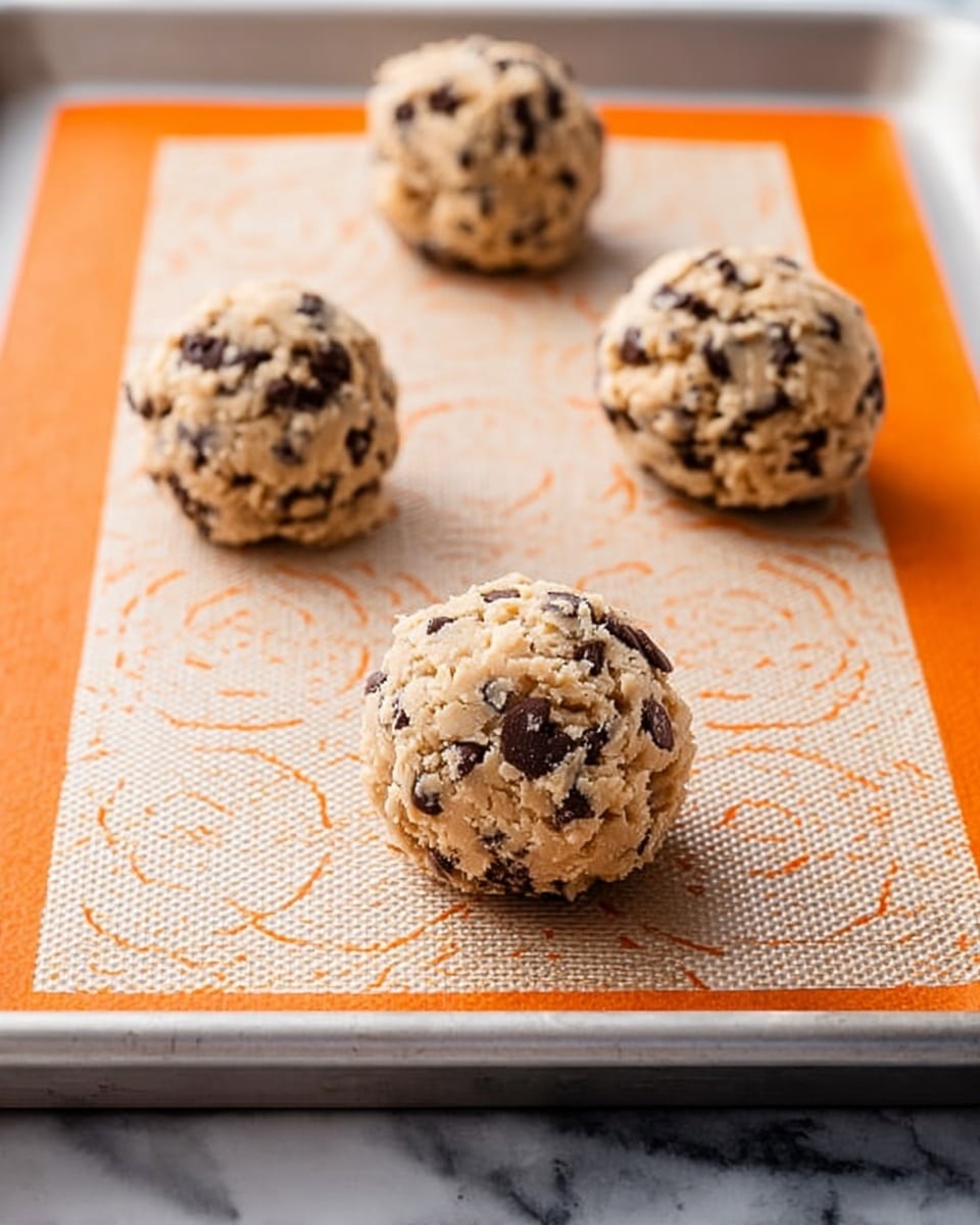 The image shows four round cookie dough balls placed evenly on a light beige silicone baking mat with orange circular patterns. The dough is light tan with many small dark brown chocolate chips visible throughout, giving it a textured look. The baking mat is resting on a silver metal baking sheet, which sits on a white marbled surface. One dough ball is in the foreground and is the closest to the viewer, while the other three are spaced behind it, creating depth. The scene is lit softly, highlighting the texture of the dough and the smooth surface of the baking mat photo taken with an iphone --ar 4:5 --v 7