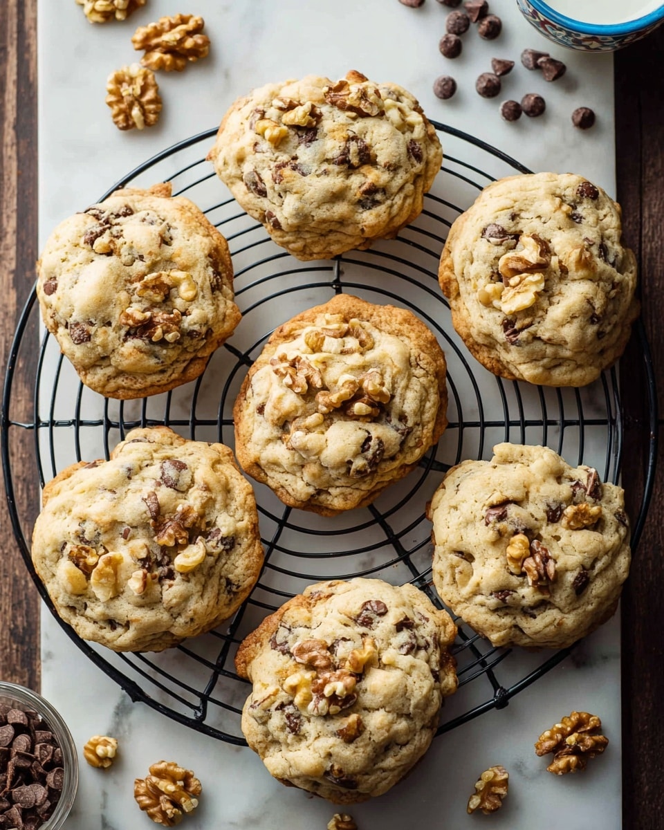 Six thick, round cookies with a rough, bumpy texture sit on a black wire cooling rack placed on a white marbled surface. Each cookie is pale golden-brown with visible darker chocolate chips and chunks of walnut spread unevenly throughout, giving a mix of light and dark brown tones. Around the rack, scattered walnut pieces and chocolate chips add detail to the scene. In the top right corner, part of a white bowl with a blue rim is visible. Photo taken with an iphone --ar 4:5 --v 7
