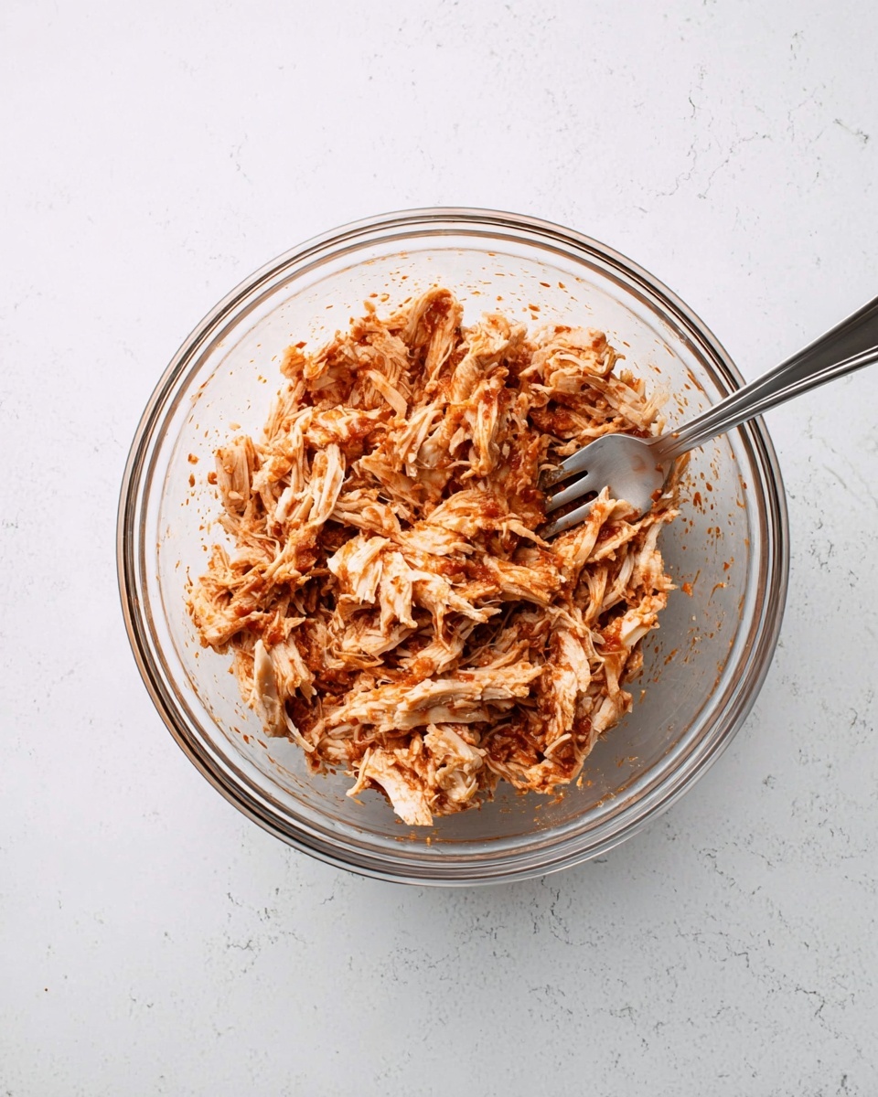 A clear glass bowl sits on a white marbled surface, filled with shredded white and light brown chicken mixed with reddish-brown sauce, unevenly spread throughout the chicken pieces. A metal fork rests inside the bowl on the left side, partially touching the chicken mixture. The bowl is seen from above, showing the texture of the shredded meat and sauce clearly. photo taken with an iphone --ar 4:5 --v 7