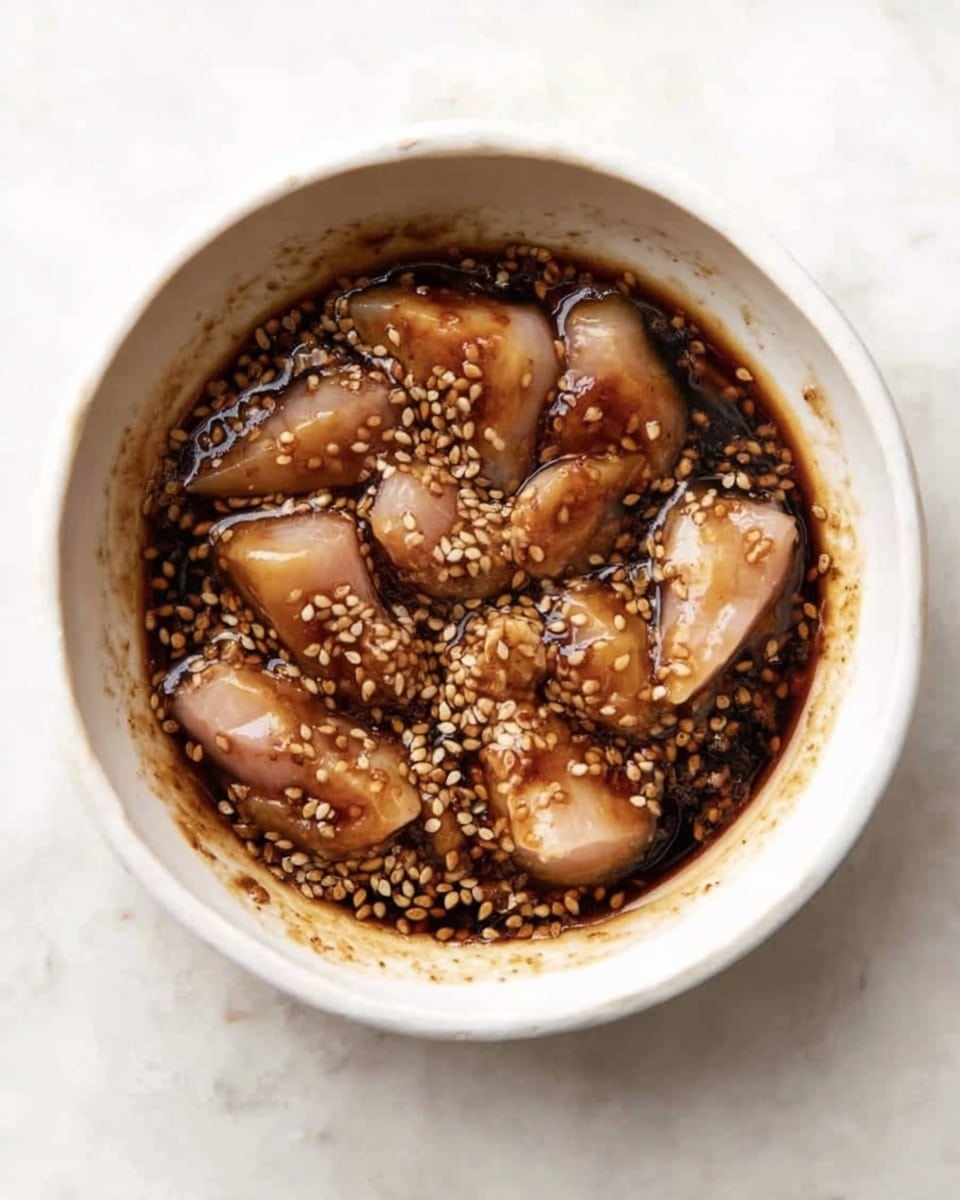 A white bowl on a white marbled surface holds several pieces of raw, light pink meat submerged in a dark brown sauce with a shiny, thick texture. The sauce contains many small, light tan sesame seeds scattered evenly throughout. The meat pieces are irregular in shape and size, some with a smooth surface, partially covered by the sauce. The inner sides of the bowl have a slight stain from the sauce. photo taken with an iphone --ar 4:5 --v 7