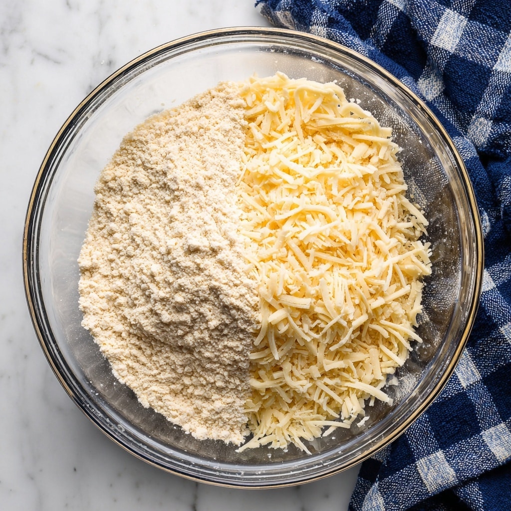 A clear glass bowl sits on a white marbled surface, filled halfway with a pale beige flour powder layer on the left side and a pile of finely shredded pale yellow cheese on the right side. Both layers are dry and loosely arranged, with no mixing between them. A dark blue and white checkered cloth is partially visible on the upper right edge of the image. photo taken with an iphone --ar 4:5 --v 7