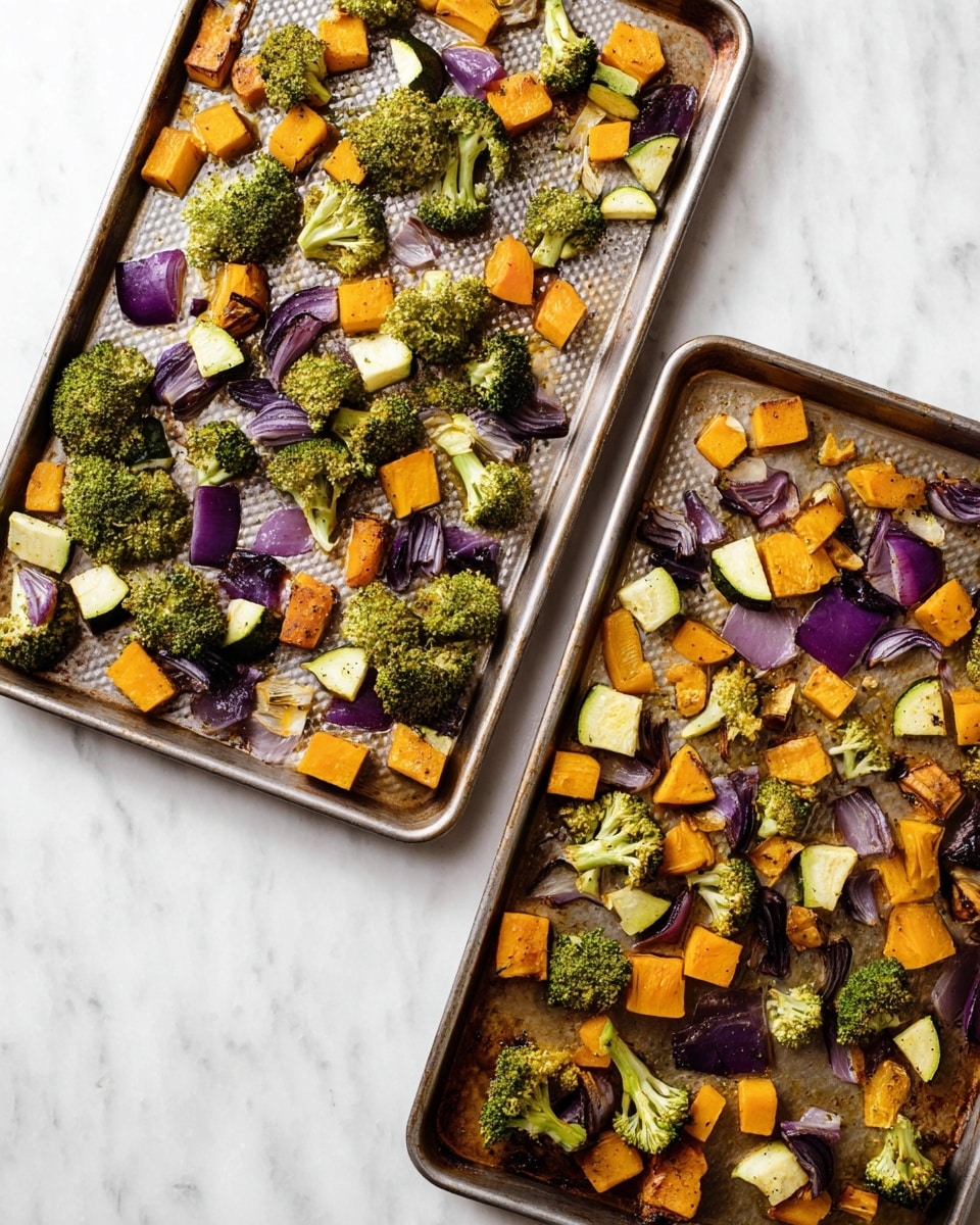 There are two baking trays filled with roasted vegetables on a white marbled surface. The trays hold a mix of chunky vegetables in different colors: bright green broccoli florets, orange pumpkin or squash cubes, light green zucchini pieces, and dark purple onion chunks. The vegetables are spread out in one layer on the trays, showing some light browning from roasting. The larger tray is positioned diagonally at the top right, and the smaller tray sits diagonally at the bottom left, with both trays showing a textured metal surface. photo taken with an iphone --ar 4:5 --v 7