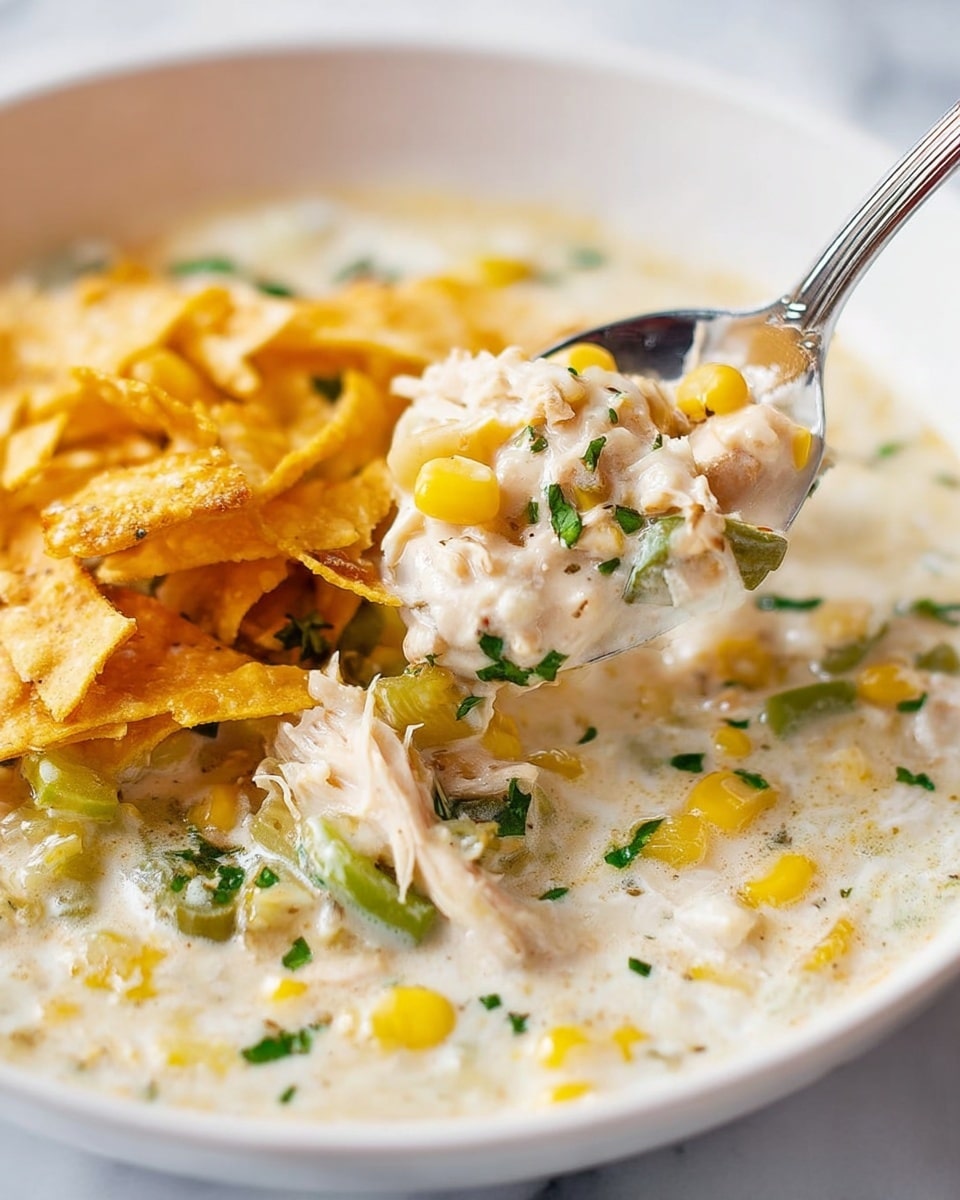 A white bowl filled with creamy chicken soup that has a thick white base with small green herbs, bright yellow corn kernels, and bits of green vegetables mixed in. On top of the soup, there are thin, crispy golden tortilla strips piled up. A silver spoon is scooping the soup, showing the chunky texture with pieces of white chicken, yellow corn, and green herbs. The background is a soft white marbled surface. photo taken with an iphone --ar 4:5 --v 7