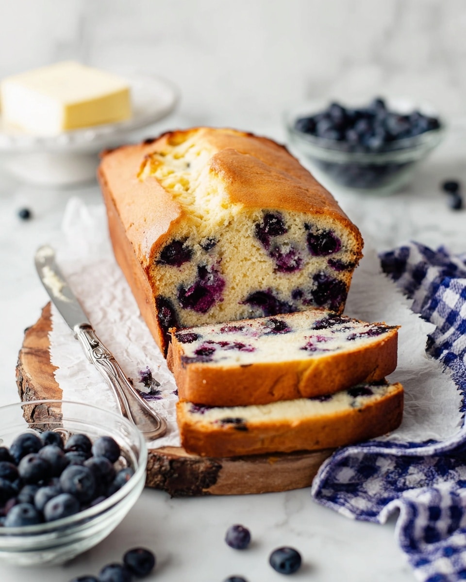 A loaf of blueberry bread is placed on a round wooden board covered with white paper. The bread has one whole side and two slices cut from the front, showing a soft and light yellow interior filled with many dark purple blueberries. The crust is golden brown with a cracked top. Dark blueberries are scattered around the board, and there is a glass bowl filled with blueberries in the foreground. A silver butter knife rests next to the board, near a white dish with a stick of butter in the background. A blue and white checkered cloth is partially visible in the lower right corner. The whole scene sits on a white marbled surface. photo taken with an iphone --ar 4:5 --v 7