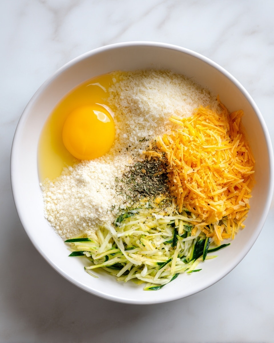 A white bowl on a white marbled surface holds several distinct layers of ingredients. On one side, there is an unbroken bright yellow egg yolk with some clear egg white surrounding it. Next to this is a pile of fine white breadcrumbs stacked neatly. Beside the breadcrumbs is a heap of finely shredded orange cheddar cheese. In the lower half of the bowl are shredded green zucchini pieces, spread evenly. Black pepper and some dried herbs are sprinkled lightly across the center, adding subtle specks of dark colors. Photo taken with an iphone --ar 4:5 --v 7