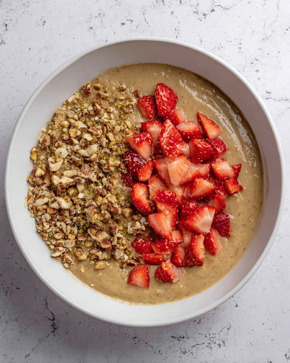 The image shows a white bowl with a smooth, thick light brown mixture filling the base layer. On top, there is a layer of chopped nuts covering about half of the mixture on one side, showing a rough texture and a tan to brown color. The remaining half is topped with chopped bright red strawberries, which add a fresh and juicy contrast to the dish. The bowl sits on a surface with a white marbled texture. photo taken with an iphone --ar 4:5 --v 7