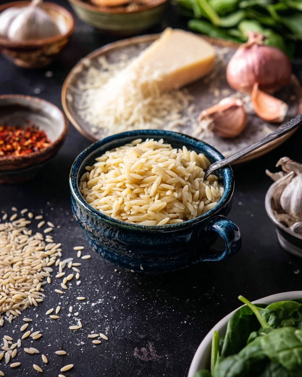 A deep blue ceramic cup filled with pale yellow orzo pasta sits in the center. Behind it is a round plate holding a mound of grated Parmesan cheese with a small wedge of the cheese partially buried in it. To the right edge of the image, a small white dish with fresh green spinach leaves is partially visible. In the background, a plate contains two shallots, a bowl of crushed red pepper flakes, and a bowl of red powder spice, along with some fresh green herbs next to garlic bulbs. The scene is set on a dark surface with scattered small grains, creating a cozy kitchen feel. photo taken with an iphone --ar 4:5 --v 7