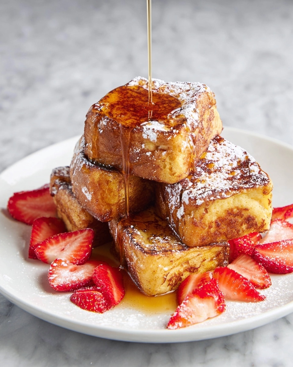 A white plate on a white marbled surface holds four thick, square pieces of golden brown French toast stacked in a pyramid shape. The French toast has a slightly crispy texture with light brown edges and is dusted lightly with powdered sugar. Fresh, bright red strawberry slices surround the base of the stack, adding a fresh contrast. A stream of syrup is poured from above, shining as it cascades over the top and sides of the French toast, creating a glossy layer that pools slightly on the plate. photo taken with an iphone --ar 4:5 --v 7