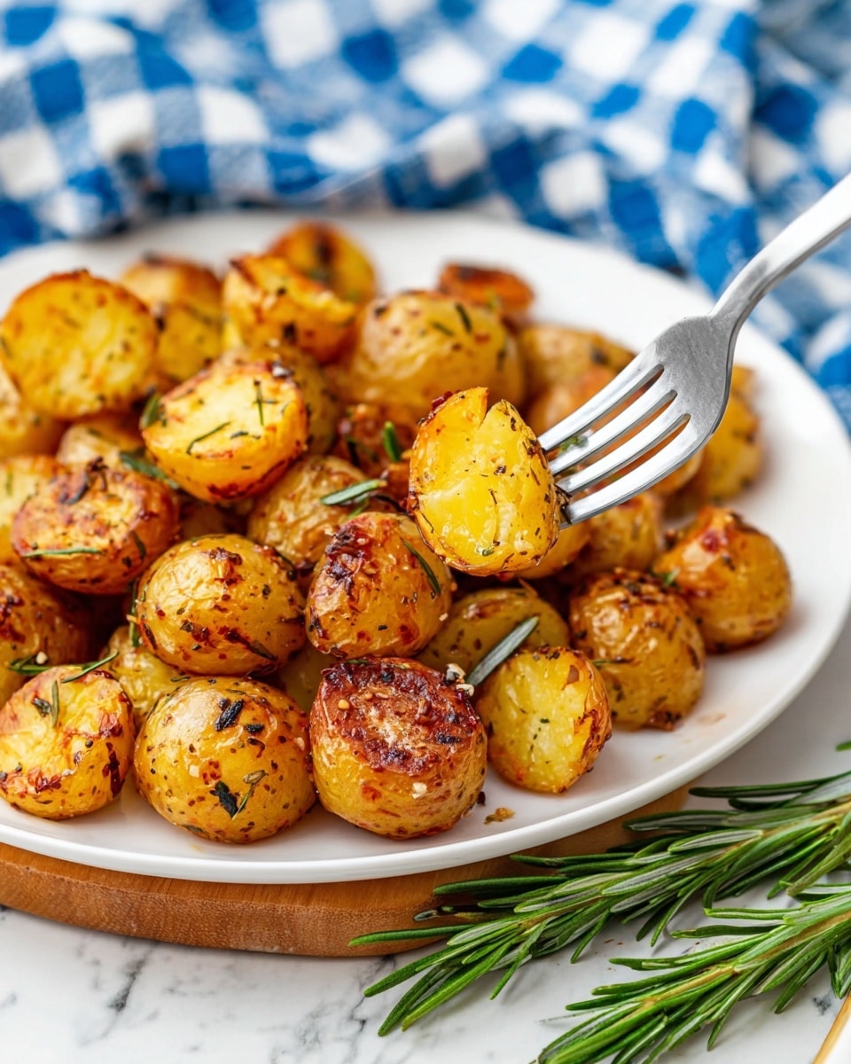 A large white plate filled with many small roasted baby potatoes, each cut into halves showing a golden yellow inside and a crispy, brown outside with visible seasoning of herbs and spices. Small bits of green parsley and thin shreds of light-colored cheese are scattered over the potatoes. The plate sits on a white marbled surface near a blue and white checkered cloth on the upper left and some fresh parsley and grated cheese at the bottom left corner. Two white shakers are visible in the upper right corner. photo taken with an iphone --ar 4:5 --v 7