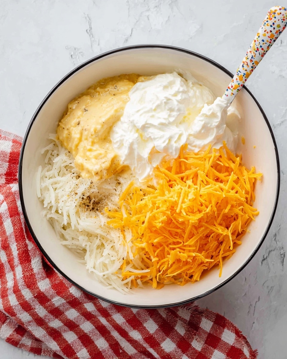 A white bowl with a black rim sits on a white marbled surface with a red and white checkered cloth partially under it. Inside the bowl, there are five different layers placed separately but touching: at the bottom, finely shredded white potatoes with a light sprinkle of black pepper; next to it, a mound of bright orange shredded cheddar cheese; to one side, two dollops of thick white sour cream; above one dollop, a golden yellow creamy mixture with some visible seasoning; a colorful spoon with speckles rests inside the bowl, touching the ingredients. photo taken with an iphone --ar 4:5 --v 7