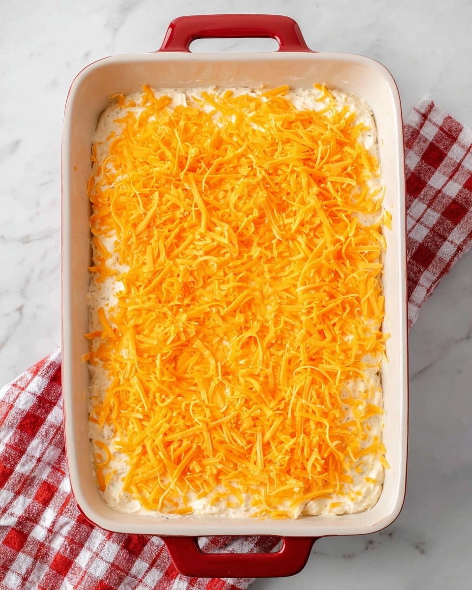 The dish is shown from above in a rectangular white baking dish with red handles, resting on a white marbled surface with a red and white checkered cloth beside it. The dish has two visible layers: the bottom layer is creamy white and smooth, while the top layer is covered with bright orange shredded cheese evenly spread across the surface. The texture of the top cheese layer looks soft and slightly loose. The edges of the baking dish reveal some of the creamy layer underneath the cheese. Photo taken with an iphone --ar 4:5 --v 7
