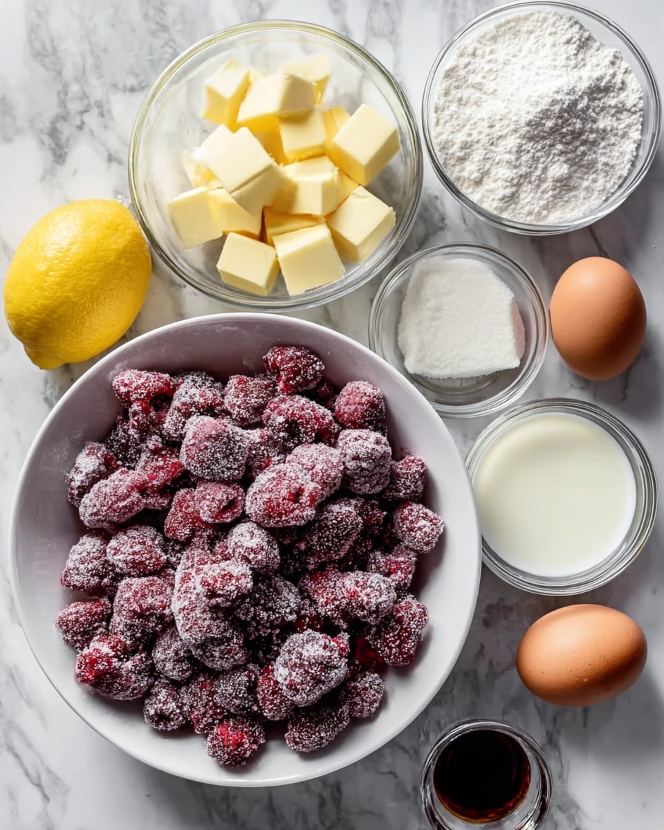 A white bowl filled with frozen mixed red berries covered in frost sits in the foreground on a white marbled surface. Surrounding it are several small clear glass bowls containing white sugar, flour, cubed pale yellow butter, a small amount of salt, frothy white milk, and a clear liquid, likely oil. Two brown eggs and a bright yellow lemon are also placed on the surface, along with a tiny glass cup holding dark brown vanilla extract. The items are arranged neatly, showing a clear view of the ingredients used for baking. photo taken with an iphone --ar 4:5 --v 7
