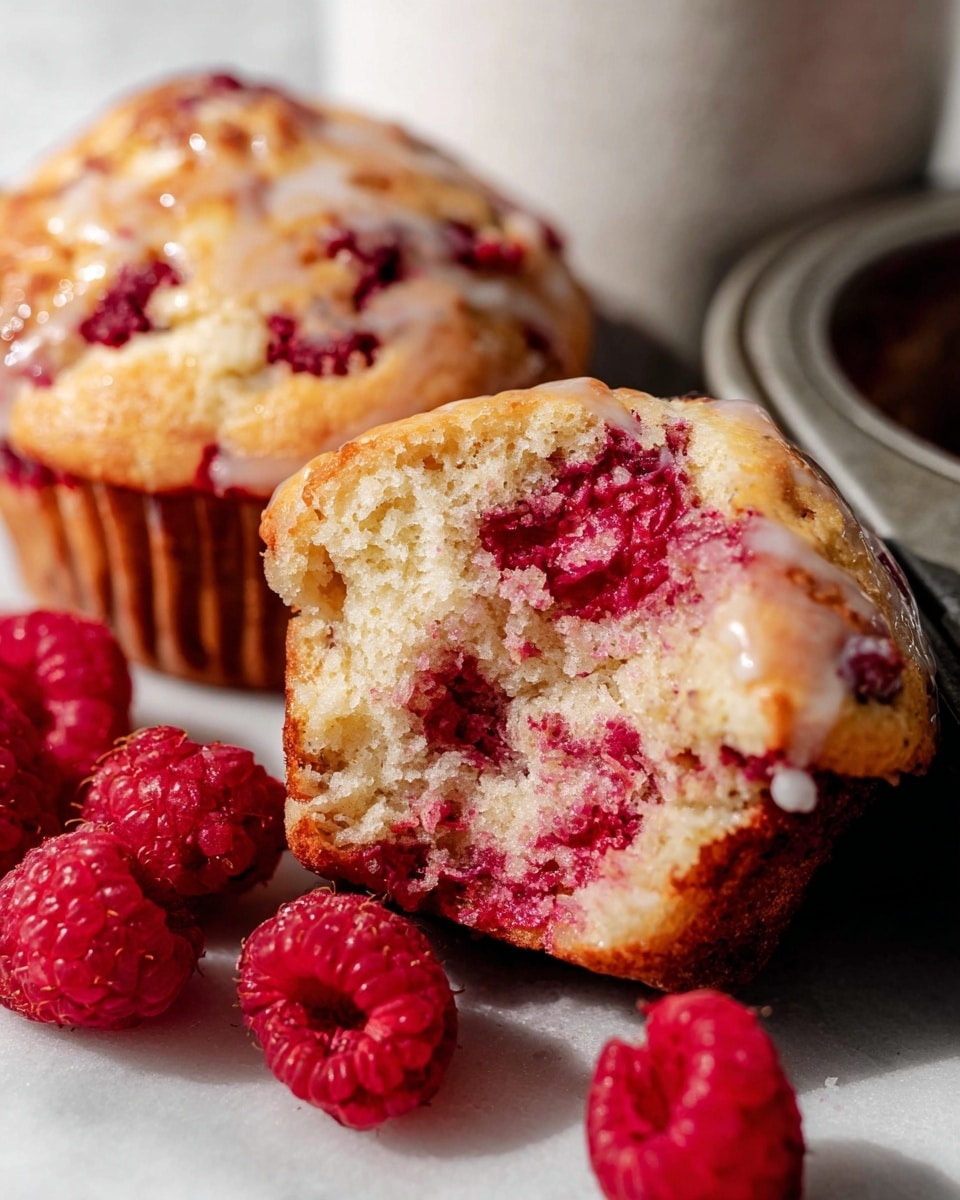 The image shows a close-up of two raspberry muffins on a white marbled surface, with one muffin torn open to reveal a soft, light golden inside dotted with bright red raspberry pieces. The top layer of the muffins is golden brown with a slightly glossy texture from a glaze and scattered deep red raspberry spots. Fresh, vibrant red raspberries are placed below the torn muffin, adding a pop of natural color. The muffins sit in a metal muffin tray, and the background includes a white cup with smooth edges, softly blurred out. photo taken with an iphone --ar 4:5 --v 7