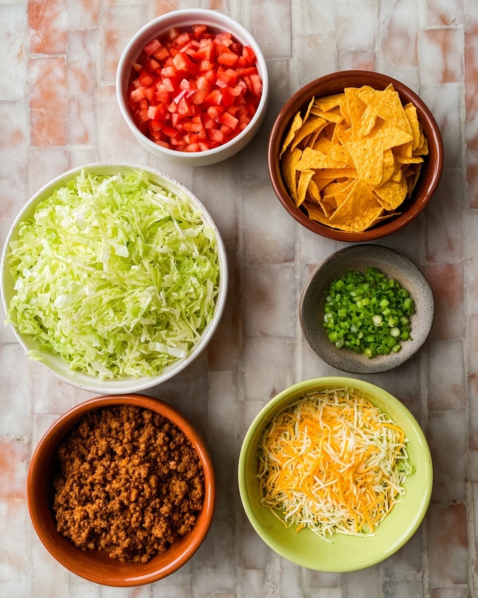 The image shows six small bowls with different taco ingredients arranged on a white marbled surface. The largest bowl at the bottom left is white and filled with light green shredded lettuce. To its right, a smaller white bowl contains bright red diced tomatoes. Above the tomatoes is a small reddish-brown bowl filled with orange crunchy tortilla chips. Next to it on the right is a larger gray bowl with cooked brown ground meat. Above the meat is a light green bowl with a mix of shredded white and yellow cheese. On the left side, a brown bowl holds chopped green onions. The bowls are placed in a loose circle with a neat and colorful display. Photo taken with an iphone --ar 4:5 --v 7
