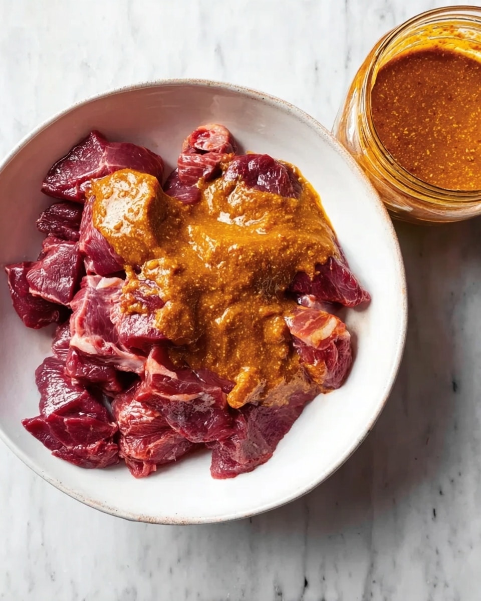 A white bowl with dark red raw meat pieces inside, arranged in a loose pile. On top of the meat, there is a layer of thick, orange-brown sauce with a slightly chunky texture. Next to the bowl, on a white marbled surface, is a glass jar containing more of the same sauce. The scene is bright and clear, showing the rich colors of the meat and sauce. Photo taken with an iphone --ar 4:5 --v 7