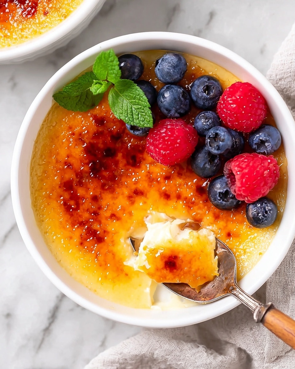 A white bowl is filled with a creamy light yellow base layer topped with a shiny, thin, orange caramelized sugar crust. On one side of the bowl, there are fresh blueberries, some whole and some sliced in half showing their dark purple inside, alongside bright red raspberries and a small green mint leaf. A silver spoon with a wooden handle is scooping into the caramelized top, breaking it to reveal the creamy layer underneath. The bowl sits on a white marbled surface with a light gray cloth partially visible nearby. photo taken with an iphone --ar 4:5 --v 7