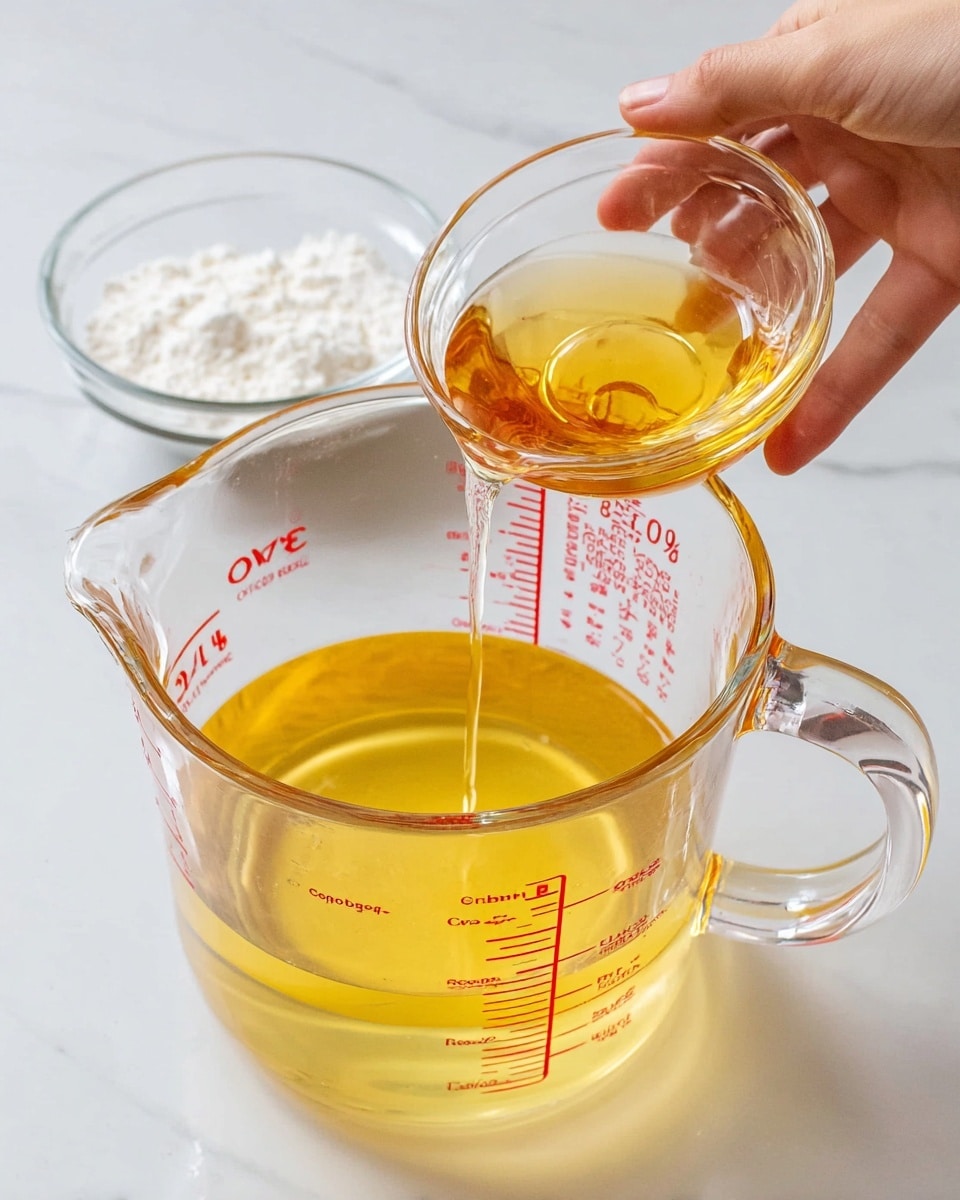 A woman's hand is holding a small clear glass bowl with golden brown liquid, pouring it into a large clear glass measuring cup filled with light yellow liquid. The measuring cup has red measurement markings and a clear handle on the right side. Behind it, there is a smaller clear bowl filled with a white powdery substance. All items are placed on a white marbled surface. photo taken with an iphone --ar 4:5 --v 7