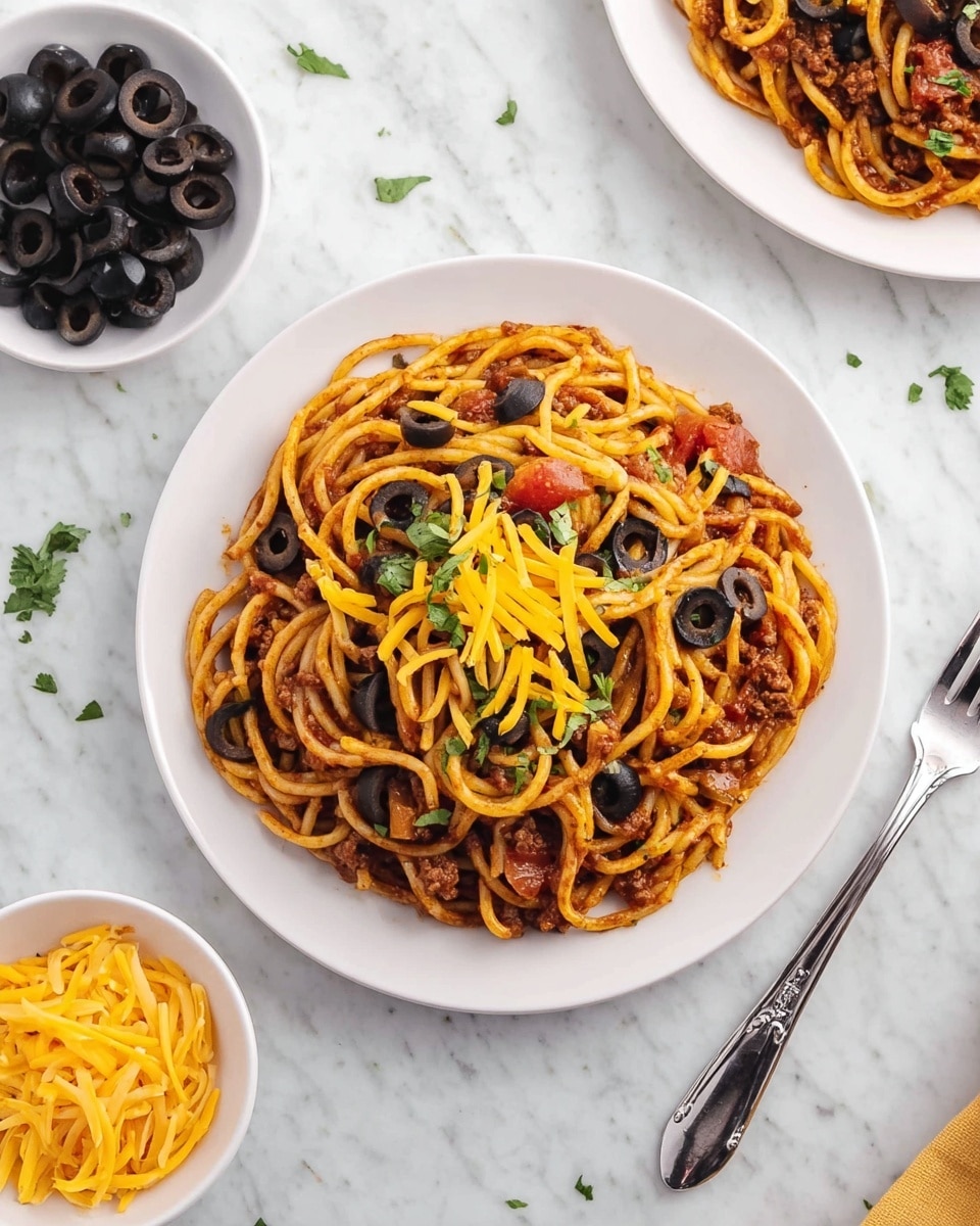 A white plate holds a round serving of spaghetti mixed with a reddish-brown sauce, scattered with small pieces of cooked meat and bits of tomatoes. On top, there are several black olive slices and a generous layer of bright yellow shredded cheese. Small green herb leaves are sprinkled over the cheese, adding color contrast. To the right of the plate, a shiny metal fork rests on the white marbled surface. Nearby, there are two small white bowls, one filled with black olive slices and the other with shredded cheese. Part of another white plate with the same spaghetti dish is visible in the top right corner. Photo taken with an iphone --ar 4:5 --v 7