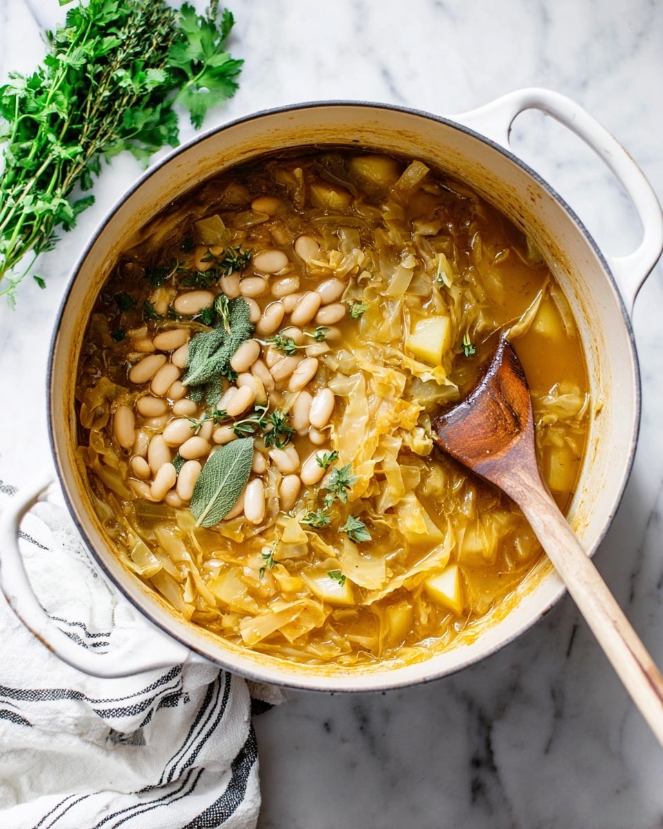 A white pot filled with a light brown soup with shredded cabbage and potato chunks, topped with a pile of white beans and small green herb leaves. A wooden spoon rests inside the pot, partially submerged in the soup. The pot is on a white marbled surface with a bunch of fresh green herbs on the side and a white cloth with thin black stripes next to it. photo taken with an iphone --ar 4:5 --v 7