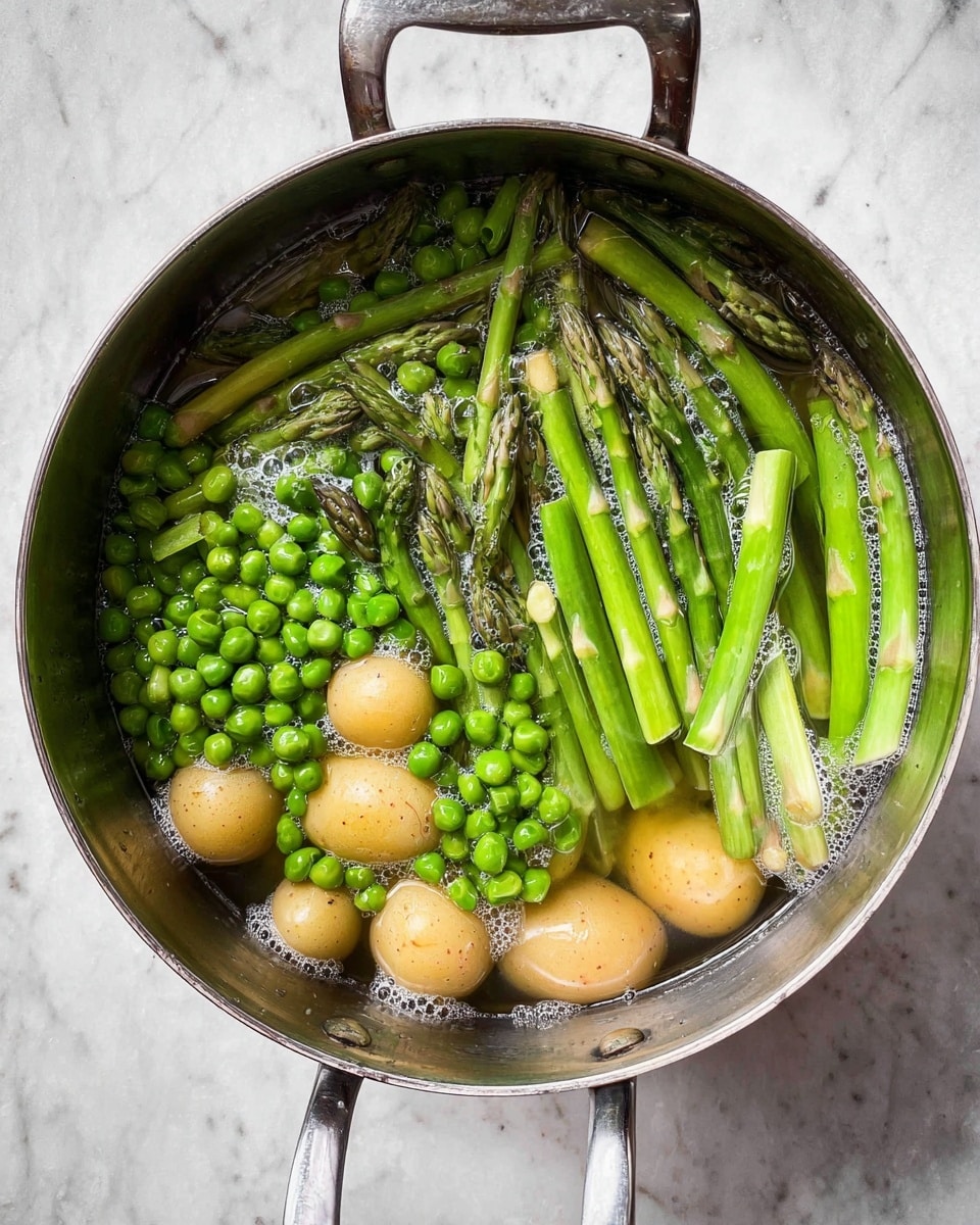 A silver cooking pot filled with boiling water contains three layers of vegetables. The first layer at the bottom shows several small round light brown potatoes partially submerged. Above this, scattered bright green peas float in a cluster mostly in the left half of the pot. The top layer consists of cut thick bright green asparagus stalks mixed with whole asparagus tips, spread evenly throughout the pot. There is visible steam and some foam bubbles on the water surface. The pot is placed on a white marbled surface. Photo taken with an iphone --ar 4:5 --v 7