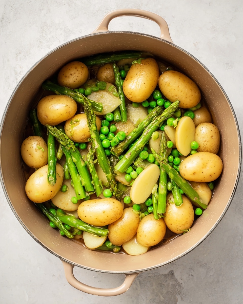 The image shows a light brown pot filled with three layers of vegetables. The bottom layer is whole small golden potatoes, some with a smooth tan skin and others with light yellow cut sides facing up. On top of them are bright green asparagus pieces cut into short lengths, with some asparagus tips standing out clearly. Scattered throughout the pot are small round green peas that add texture and contrast to the potatoes and asparagus. The pot is placed on a white marbled surface, and light steam rises softly from the vegetables, showing they are warm. photo taken with an iphone --ar 4:5 --v 7