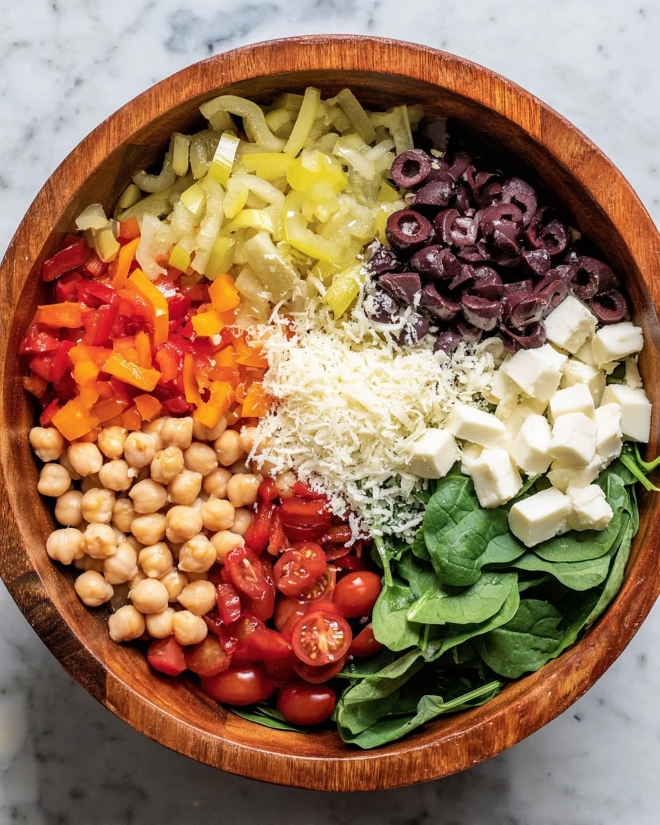 A large wooden bowl holds a colorful layered salad arranged in sections. Starting from the top left going clockwise, there is a layer of chopped banana peppers in pale yellow, followed by dark purple sliced olives. Next to the olives is a fluffy, white grated cheese layer. Bright orange and red small sliced bell peppers form the next section. Then comes a layer of plump beige chickpeas, followed by halved dark red and bright red cherry tomatoes. Next to the tomatoes are small cubes of white cheese, and finally a pile of fresh green spinach leaves completes the circle. The bowl sits on a white marbled surface. photo taken with an iphone --ar 4:5 --v 7