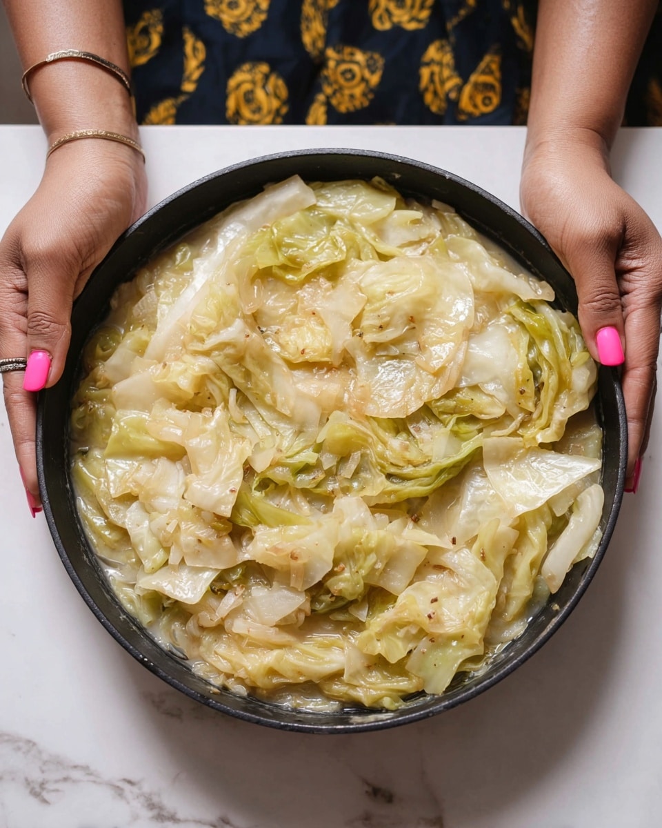 A black skillet filled with one main layer of cooked cabbage leaves that are soft and pale yellow-green with some light brown seasoning spots, mixed evenly with small bits of translucent onion, all resting in a light and slightly creamy broth. The skillet is held from both sides by a woman's hands with painted pink nails, and the whole scene is placed on a white marbled surface with a blurred background showing some dark clothing with a yellow pattern. Photo taken with an iphone --ar 4:5 --v 7