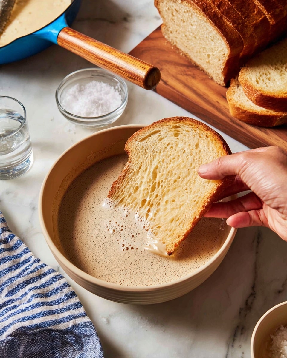 A close-up of a woman's hand dipping a thick slice of soft, light brown bread with a slightly golden crust into a bowl of foamy, light tan batter. The bowl is round, medium-sized, and light beige inside, sitting on a white marbled surface. Next to the bowl are more slices of the same bread on a wooden cutting board, with a clear glass cup and a small bowl of coarse salt nearby. Part of a blue and white striped cloth is visible to the left, and the handle of a pan with a blue end and wooden grip is seen above the bowl. Photo taken with an iphone --ar 4:5 --v 7