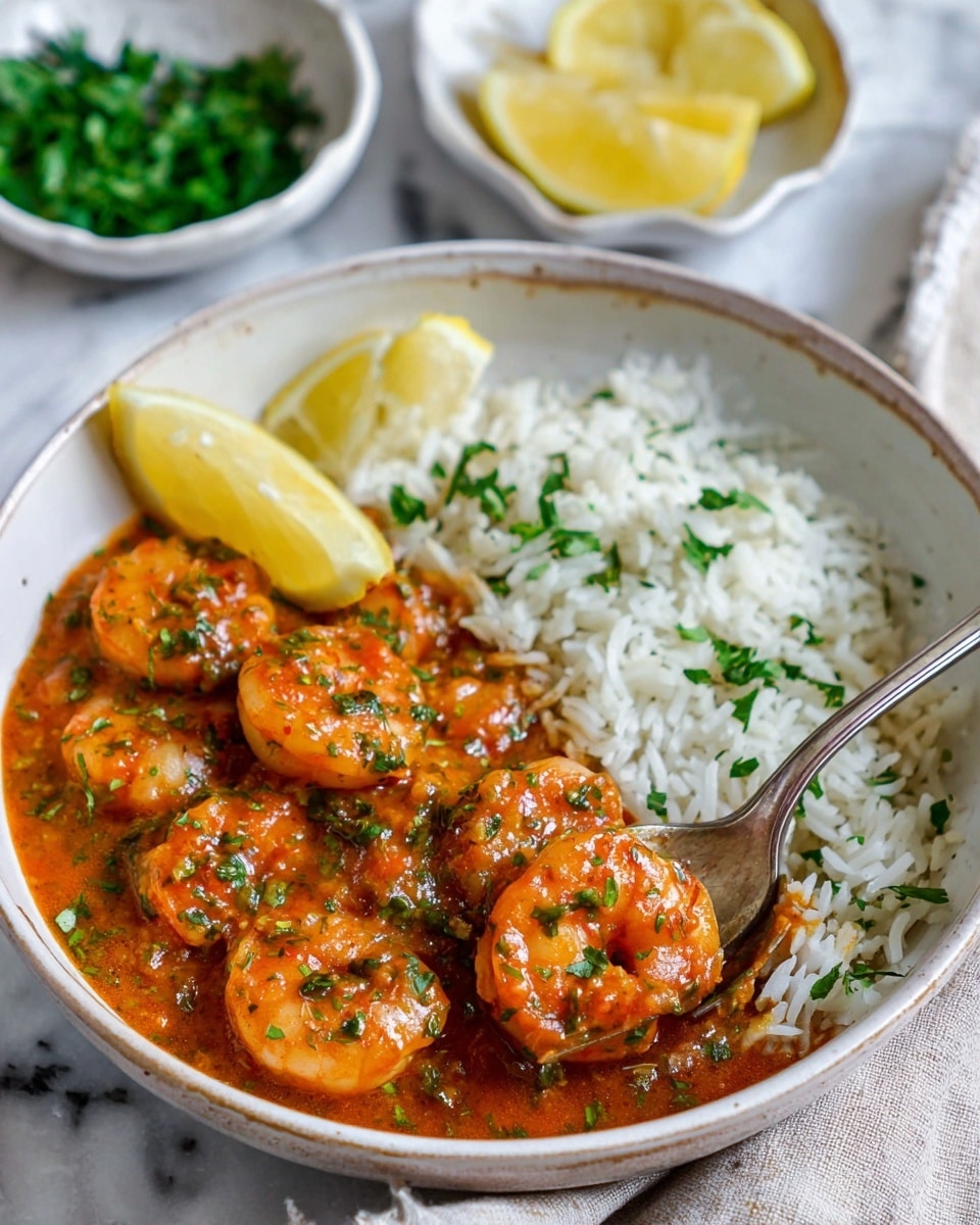 A white bowl holds shrimp covered in a red-orange sauce with green herbs, sitting close to white rice sprinkled with chopped parsley on the left side. Two lemon wedges rest between the shrimp and rice. A silver fork leans on the edge of the bowl, dipping into the shrimp. In the blurry background, two small white dishes hold more lemon wedges and fresh green herbs, all set on a white marbled surface. photo taken with an iphone --ar 4:5 --v 7