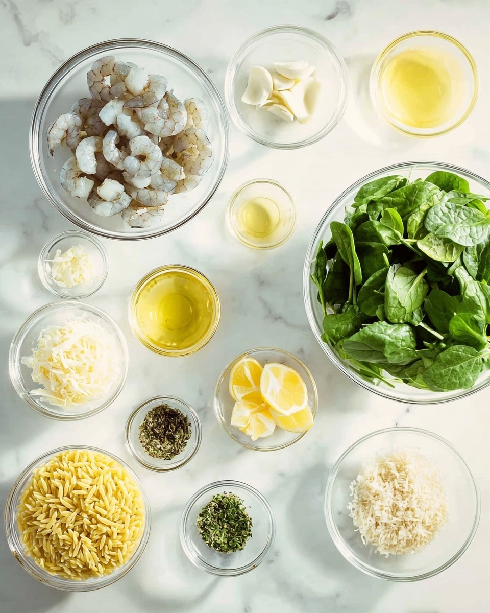 A white marbled surface holds 13 small clear glass bowls arranged in neat rows. The largest bowl at the left contains raw peeled shrimp with a greyish-white color. To its right, a big bowl filled with fresh bright green spinach leaves stands out, and in front of it, a clear bowl of uncooked yellow orzo pasta creates a warm contrast. Surrounding these are smaller bowls with various ingredients: one with pale yellow melted butter, another with shredded white cheese, a tiny bowl with dark green chopped herbs, one with grated lemon peel, and others holding light yellow minced garlic, golden oil, finely minced onions, mixed green dried herbs, and a half cup of yellow lemon juice. Each bowl is clear to see through, placed on a white marbled surface with soft natural light reflecting gently from above, giving a fresh and clean look. photo taken with an iphone --ar 4:5 --v 7