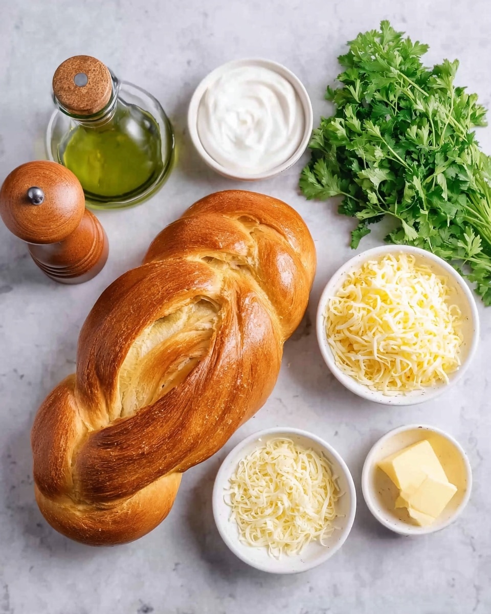 The image shows a golden brown twisted loaf of bread placed in the center on a white marbled surface. Around the bread, there are four small white bowls arranged in a semi-circle: one bowl contains smooth white cream, the second has shredded pale yellow cheese, the third holds finely grated pale yellow powdery cheese, and the fourth is filled with soft, light yellow butter. To the left side of the bread, there is a green glass bottle with olive oil and two wooden pepper grinders stacked next to each other. On the right side near the bowls, there is a bunch of fresh green parsley placed on the white marbled surface. Photo taken with an iphone --ar 4:5 --v 7