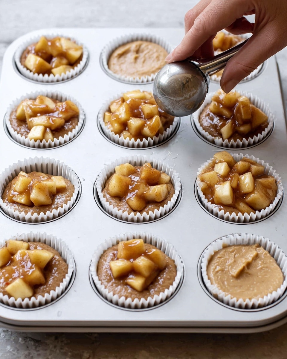 The image shows a close-up of a white muffin tray with twelve cavities lined with white paper cups. Each cup contains two layers: the bottom layer is thick light brown batter with a smooth texture, filling about half of each cup. On top, diced apple pieces coated in a shiny cinnamon sauce are gently placed as the second layer, with a woman's hand holding a silver ice cream scoop to add the apple topping to one of the cups. The background surface is a white marbled texture. photo taken with an iphone --ar 4:5 --v 7