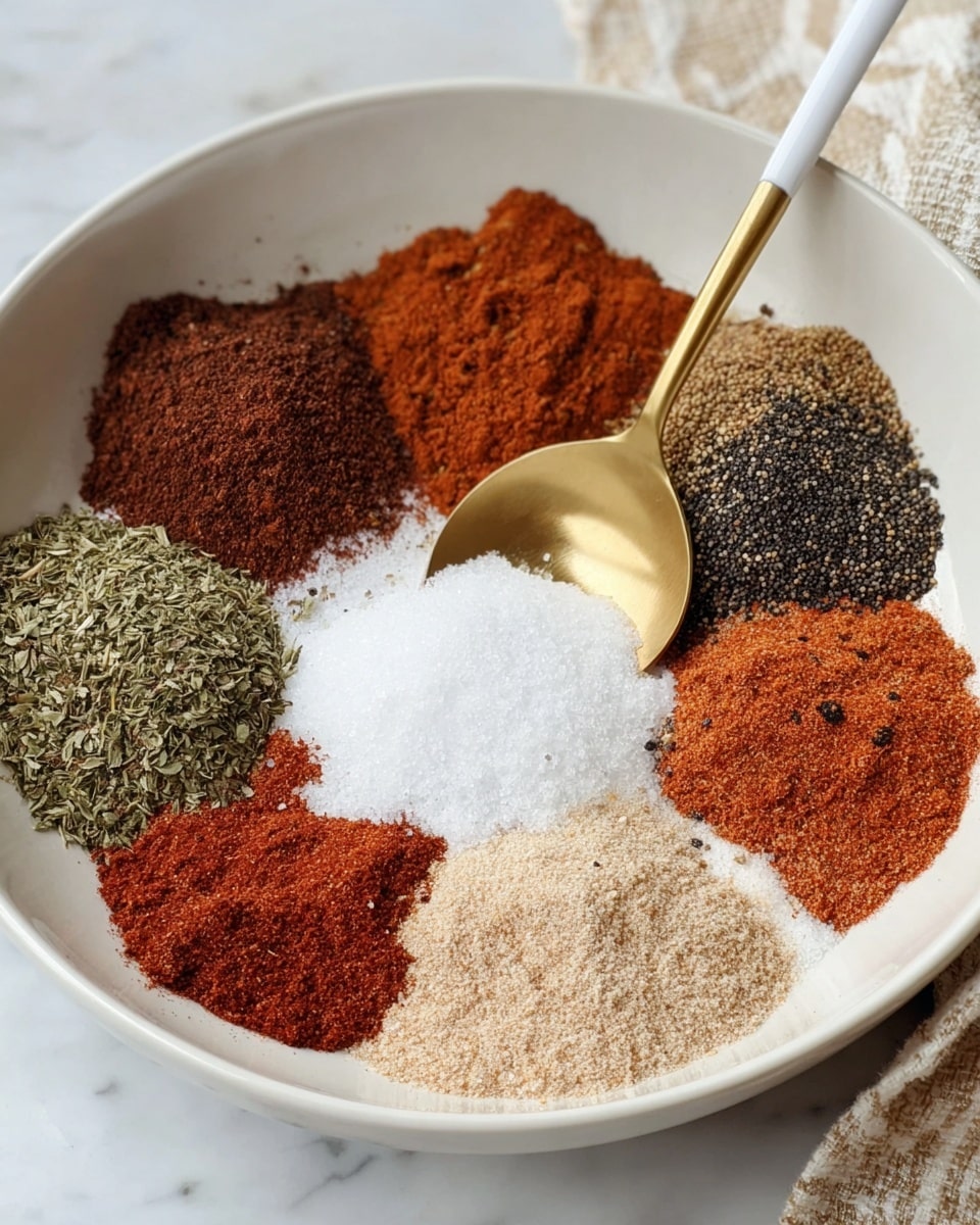 A white bowl sits on a white marbled surface, filled with ten separate piles of spices arranged in a circle like flower petals around a center pile of white salt. The spices show a mix of colors and textures: a dark brown pile with fine powder, a bright reddish-orange with a powdery texture, a coarse green herb mix, a light brown powder, a black peppery pile with speckled grains, a slightly grainy light beige, and several other reds and browns with powdery textures. A gold spoon with a white handle rests inside the bowl, positioned towards the center salt mound. Photo taken with an iphone --ar 4:5 --v 7