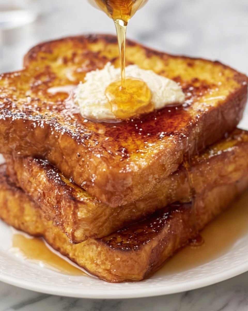 A stack of three thick slices of golden brown French toast is centered on a white plate, placed on a white marbled surface. The top slice has a dollop of soft, pale yellow butter in the middle, with a stream of shiny amber syrup being poured over it, dripping down the sides. The texture of the toast is slightly crisp on the outside, with darker toasted edges and a soft, fluffy inside. Photo taken with an iphone --ar 4:5 --v 7