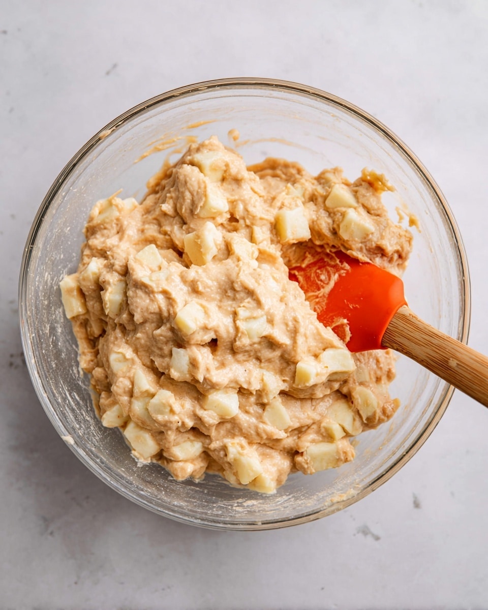 A clear glass bowl holds a thick, creamy mixture with many small light yellow pieces that look soft and chunky, mixed evenly in a light brown batter that has a smooth texture. A bright orange spatula with a wooden handle rests on the right edge of the bowl, partially submerged in the mixture. The bowl sits on a white marbled surface, adding a clean and bright background to the image. photo taken with an iphone --ar 4:5 --v 7