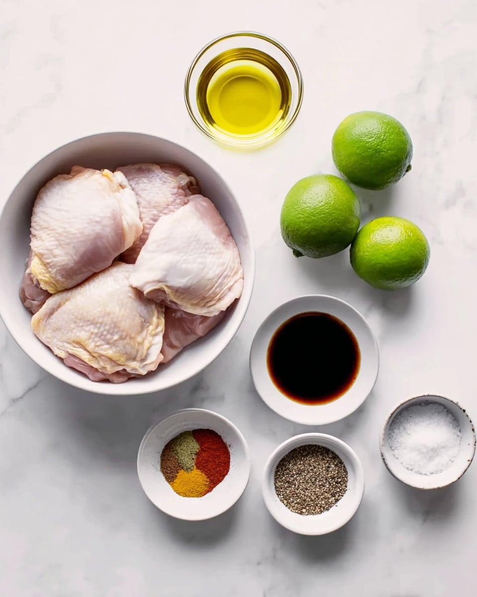 A white bowl on the left is filled with raw chicken thighs, pale pink with some light yellow fat. To the right are two whole limes, bright green and shiny, resting on a white marbled surface. Above the limes is a small clear glass container holding golden olive oil. To the right of the oil is a small white bowl with dark soy sauce inside. Below the soy sauce is a white bowl with a mix of colorful spices including brown, red, yellow, and tan powders. At the bottom, there is another white bowl with salt and black pepper side by side. The overall arrangement is neat and spaced evenly on a white marbled surface, photo taken with an iphone --ar 4:5 --v 7