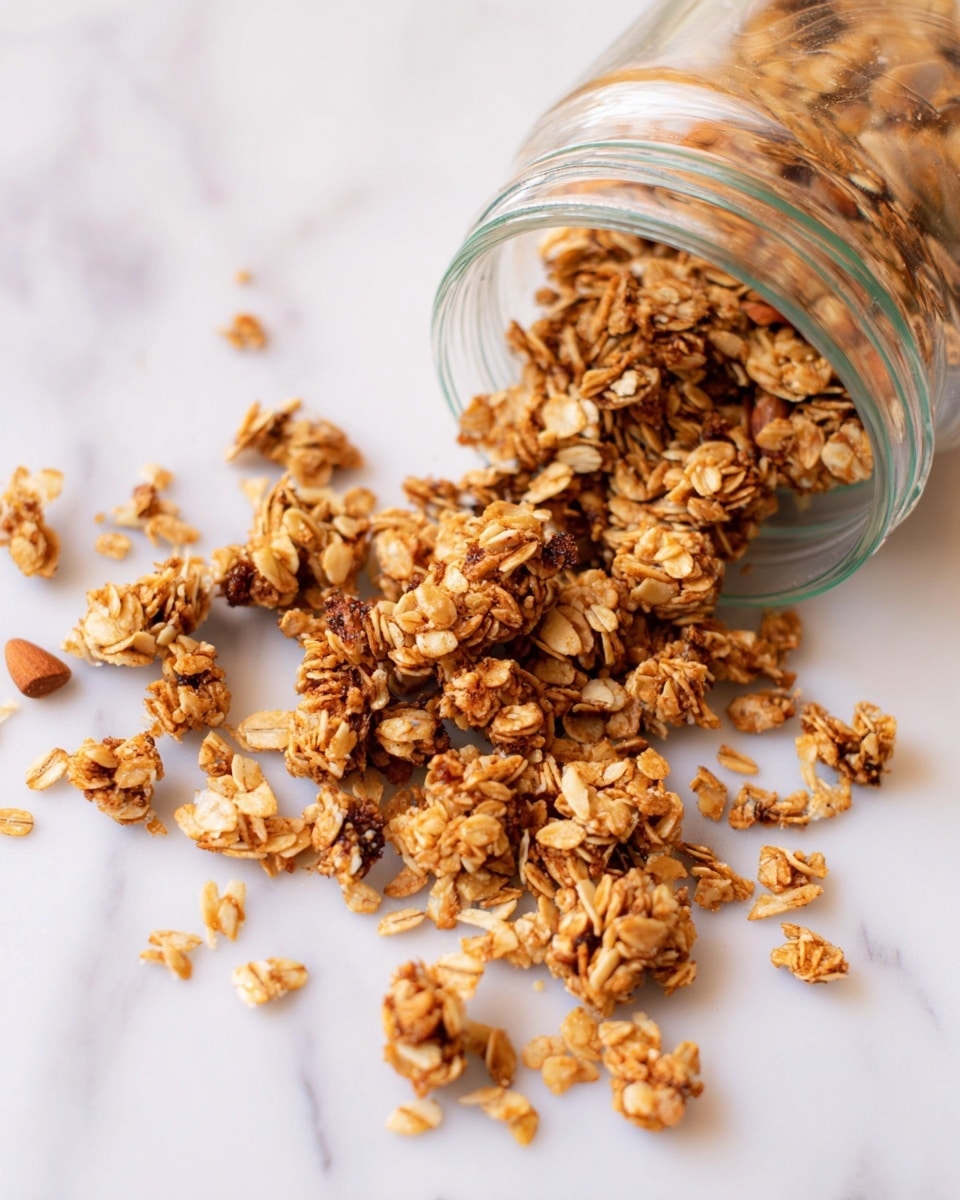 A clear glass jar is tilted on its side on a white marbled surface, spilling out golden brown granola clusters mixed with oats and sliced almonds. The granola pieces are uneven in size and have a crunchy texture, spread loosely near the jar with some scattered further away, creating a natural, casual look. The white marbled surface contrasts with the warm colors of the granola, highlighting the details of the oats and nuts. photo taken with an iphone --ar 4:5 --v 7