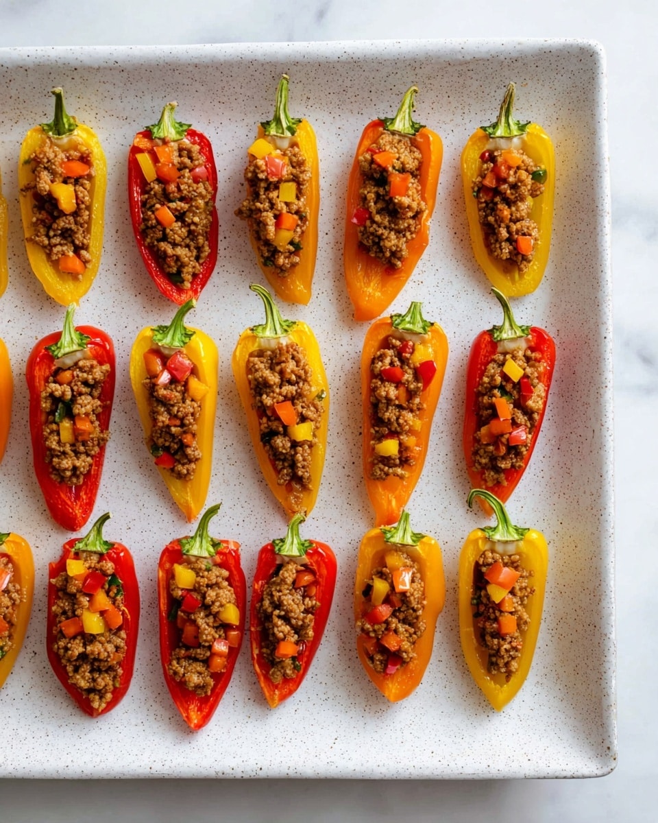 A white speckled rectangular tray sits on a white marbled surface, holding fourteen stuffed mini peppers arranged in two neat rows. Each pepper is halved lengthwise and hollowed out, with bright skins in red, yellow, and orange shades. They are filled with a crumbly ground meat mixture mixed with small diced pieces of red, yellow, and orange vegetables. The filling has a soft texture that contrasts with the smooth and shiny pepper shells. The peppers' green stems are still attached, adding a fresh look to the dish. The photo taken with an iphone --ar 4:5 --v 7