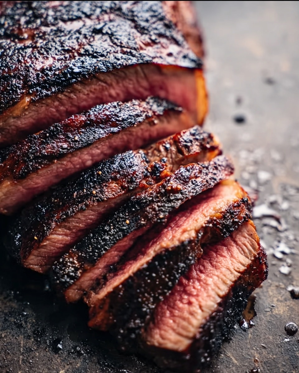 A close-up of a cooked steak sliced into six thick pieces, showing a dark, crispy, and charred outer crust with a juicy, pink inside. The steak rests on a rough surface with grill marks visible on both the crust and the slices. The steak is positioned from the left side of the image with slices angled to the right, highlighting the meaty texture and contrast between the well-seared outer layer and tender center. photo taken with an iphone --ar 4:5 --v 7