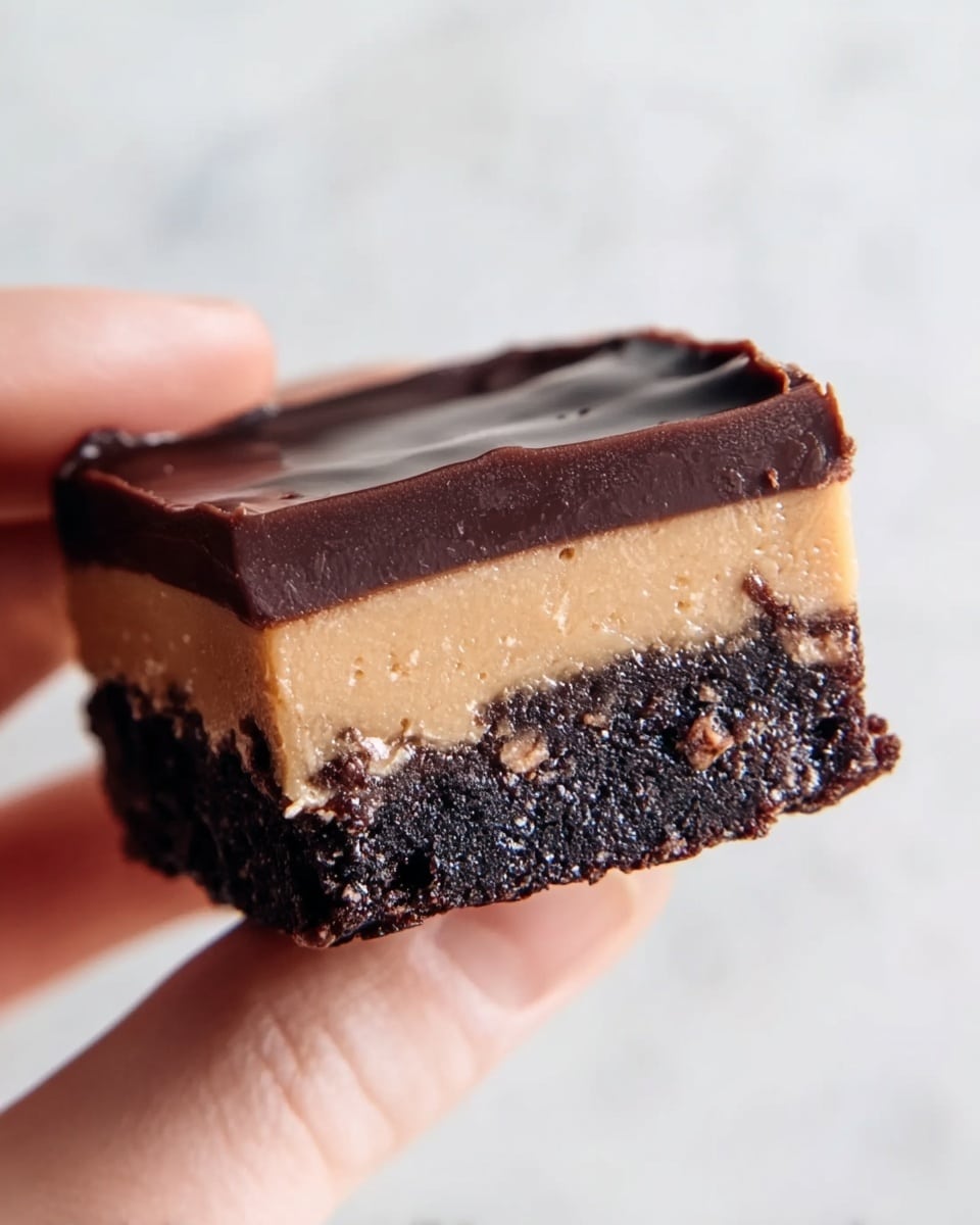 A close-up of a small, square three-layer dessert held by a woman's hand, showing the layers clearly from the side. The bottom layer is dark brown with a rough texture and lighter brown spots, resembling a dense brownie. The middle layer is a smooth, light tan color, noticeably thicker than the bottom layer. The top layer is a glossy, dark chocolate coating that looks shiny and smooth with a few small ripples. The background is a clean white marbled texture. Photo taken with an iphone --ar 4:5 --v 7