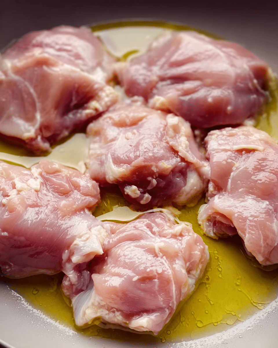 A close-up image showing five raw, pale pink chicken pieces evenly spread in a light gray pan with pools of yellow oil around them, creating a shiny texture on the meat and the pan's surface. The chicken pieces have a slightly uneven shape with visible fat and muscle details, resting flat against the pan. The background is out of focus, keeping full attention on the glossy texture of the raw chicken and the soft yellow oil glistening around the edges. photo taken with an iphone --ar 4:5 --v 7