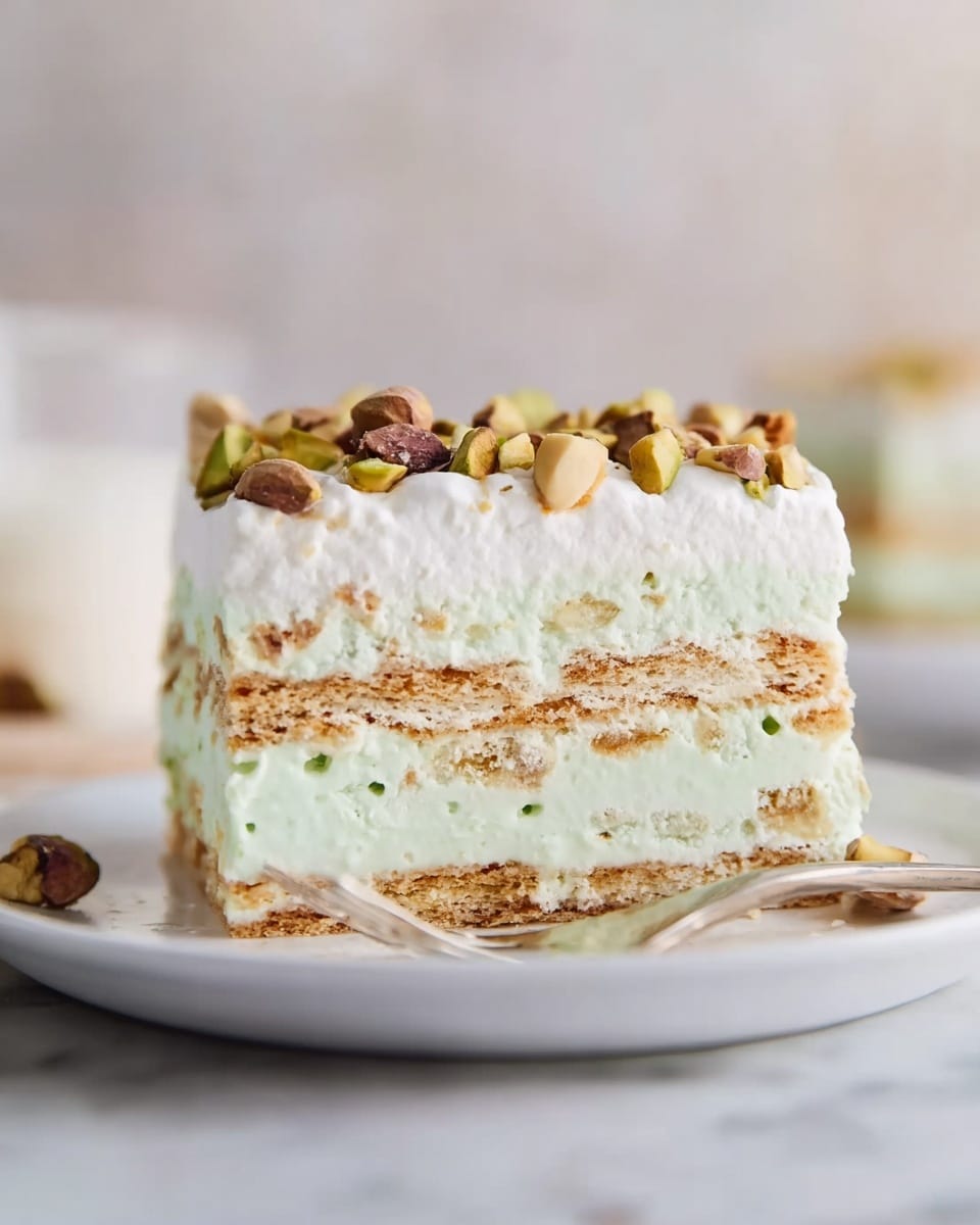 A slice of a layered dessert sits on a white plate with a silver fork beside it on a white marbled surface. The dessert has five visible layers: starting from the bottom, it has a light brown cracker-like layer, followed by a thick pale green creamy layer with small bits inside, then another light brown cracker layer, another thick pale green creamy layer with small bits, topped with a white fluffy layer. The top is sprinkled with chopped nuts, mostly cashews and pistachios, adding a touch of texture and color. The background is softly blurred with light neutral tones, focusing on the dessert slice. photo taken with an iphone --ar 4:5 --v 7