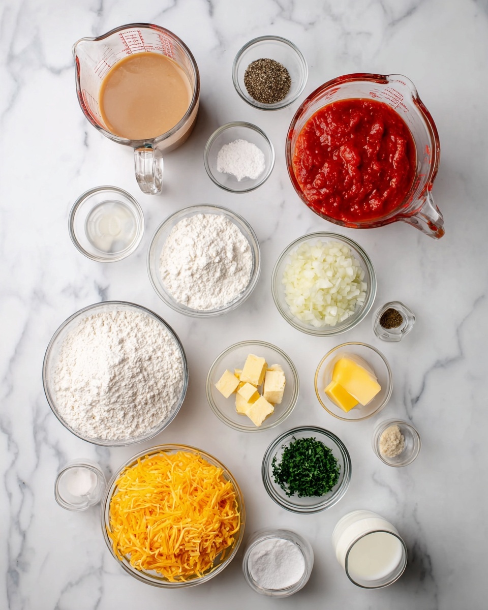 The image shows many clear glass bowls and cups with different ingredients arranged neatly on a white marbled surface, flowing from top to bottom and left to right. At the top left, a large measuring cup contains a light brown mixture, next to a small bowl with black pepper and salt. To the right, a large measuring cup holds bright red crushed tomatoes. Below these, smaller bowls contain chopped white onion, pale yellow butter, and white granulated sugar. A medium bowl holds white flour, and beneath it, a smaller bowl has fresh finely chopped green herbs. To the lower left, a bowl is filled with shredded vibrant orange cheddar cheese, and next to it, a bowl with melted yellow butter. Other small bowls contain white baking powder and other white powders. A glass cup with white milk is near the right side. The overall setup is clean, with colors contrasting against the white marbled surface, showing ingredients ready for cooking. Photo taken with an iphone --ar 4:5 --v 7