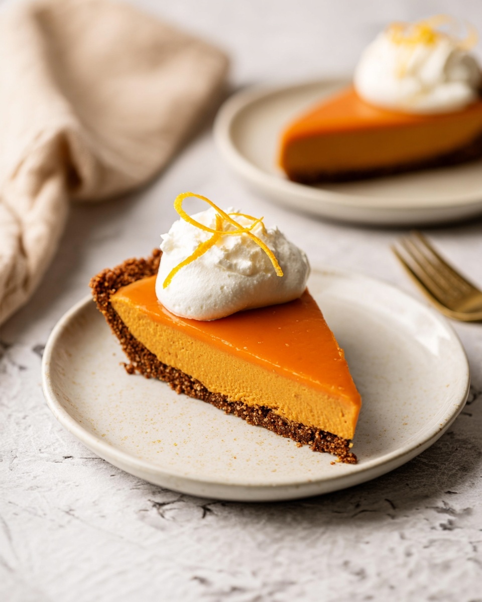A slice of pumpkin pie is shown on a simple white plate on a white marbled surface, with two visible layers: a dark brown crumbly crust at the bottom and a smooth, glossy bright orange pumpkin filling on top. The slice is topped with a dollop of white whipped cream with a soft texture, decorated with two thin curved orange peel strips. In the background, there is another slice of the same pie on a white plate, slightly blurred, with a similar topping of whipped cream. A soft beige cloth and a golden fork are placed to the side. Photo taken with an iphone --ar 4:5 --v 7